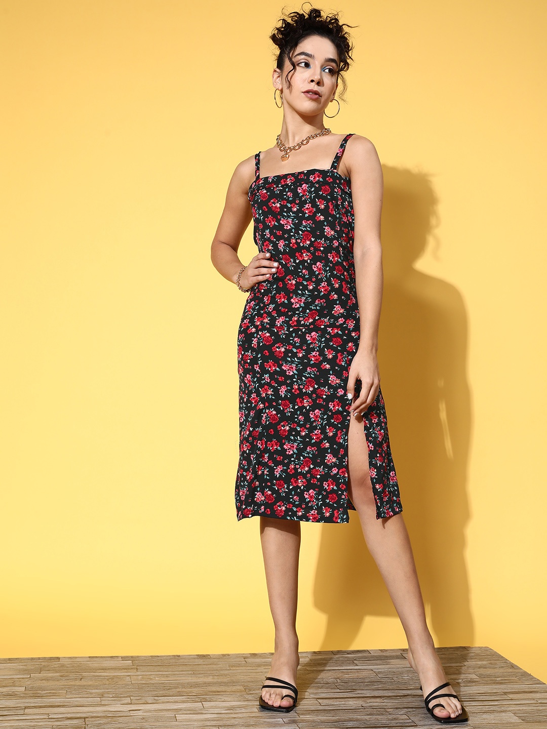 

HERSHEINBOX Women Black Floral Peekaboo Slit Dress