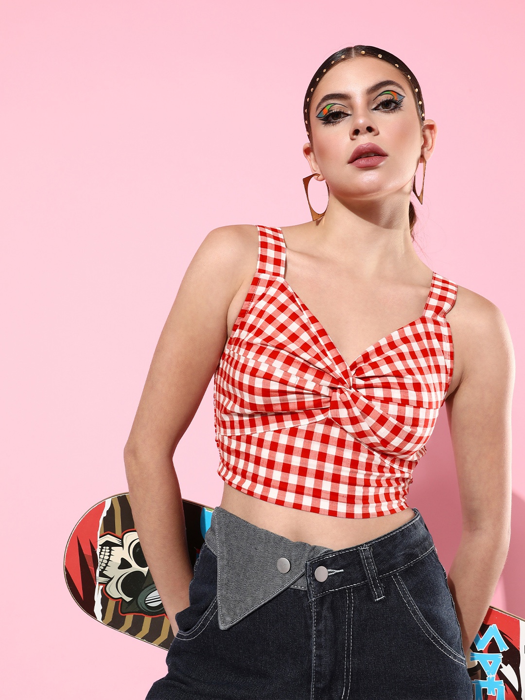 

HERSHEINBOX Red & White Checked Sweetheart Neck Wrap Crop Top
