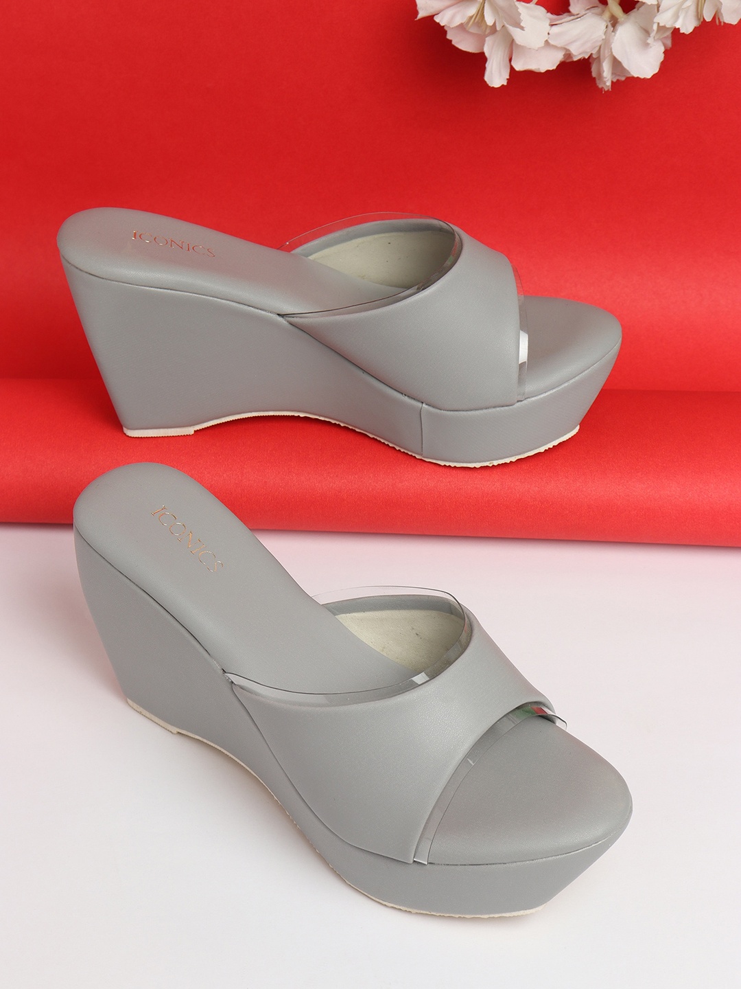 

ICONICS Grey Colourblocked Wedge Mules