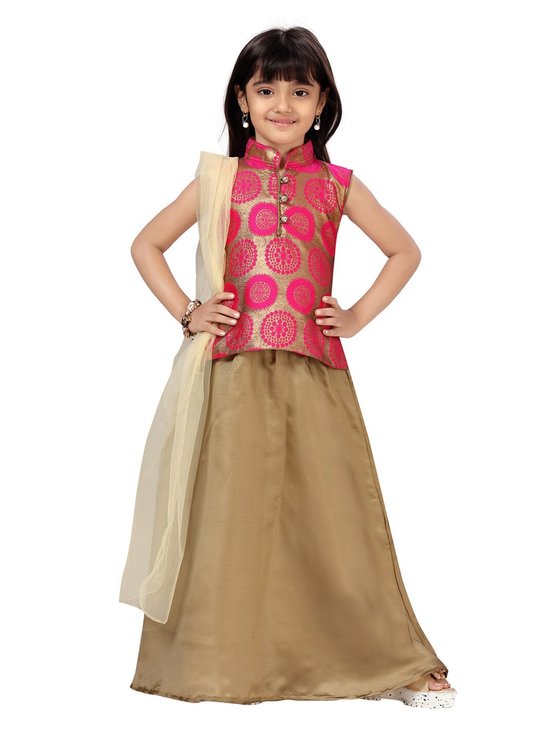 

Aarika Girls Pink & Beige Printed Ready to Wear Lehenga & Blouse With Dupatta