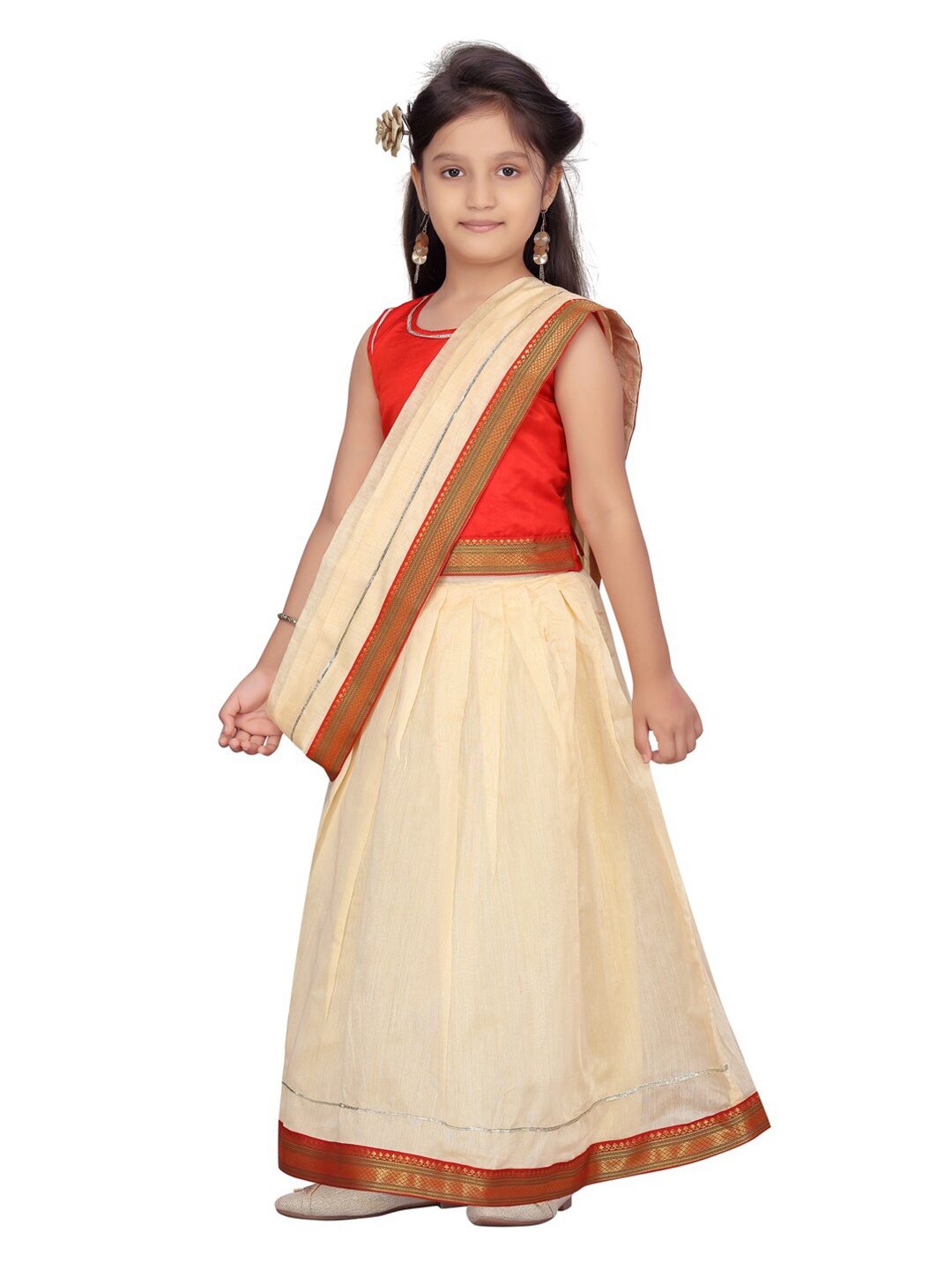 

Aarika Girls Red & Cream-Coloured Ready to Wear Lehenga & Blouse With Dupatta