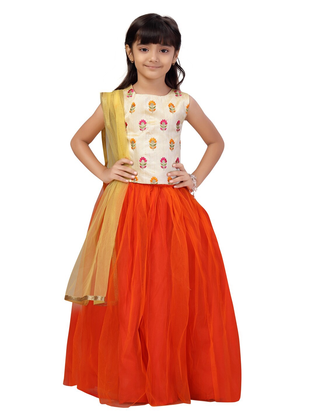 

Aarika Girls Beige & Red Printed Ready to Wear Lehenga & Blouse With Dupatta