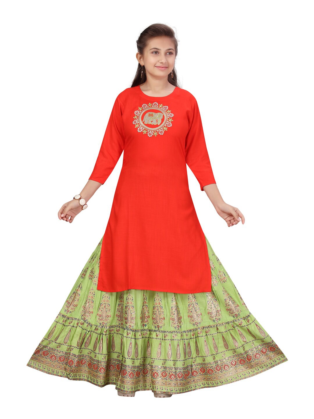 

Aarika Girls Orange & Green Embroidered Ready to Wear Lehenga & Blouse With Dupatta