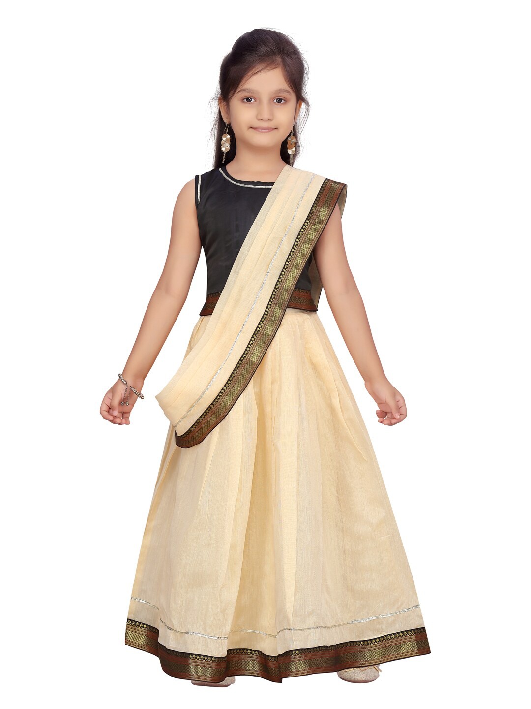 

Aarika Girls Black & Cream-Coloured Ready to Wear Lehenga & Blouse With Dupatta