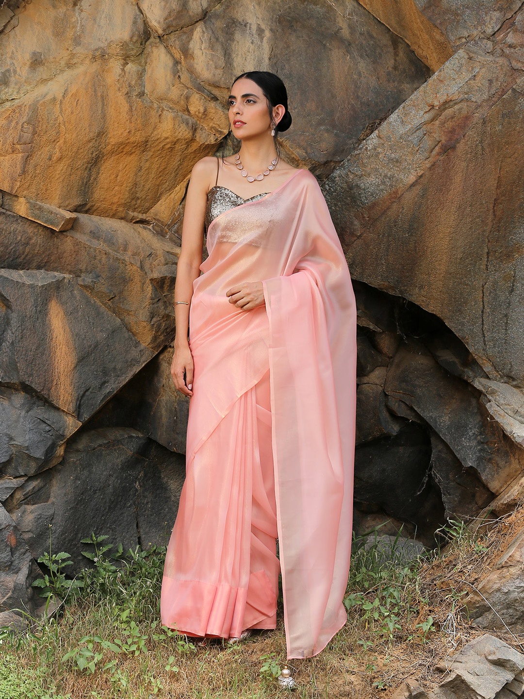 

Swtantra Rose Gold Solid Organza Saree