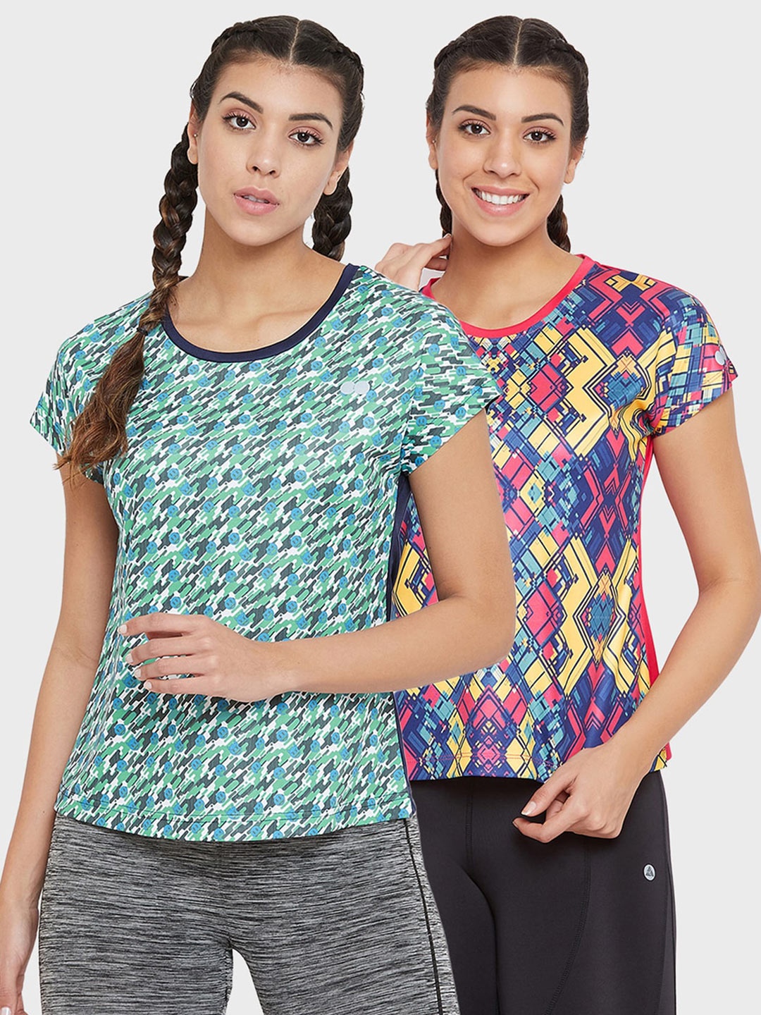 

Clovia Women Multicoloured 2 Printed V-Neck Slim Fit Training or Gym T-shirt, Multi