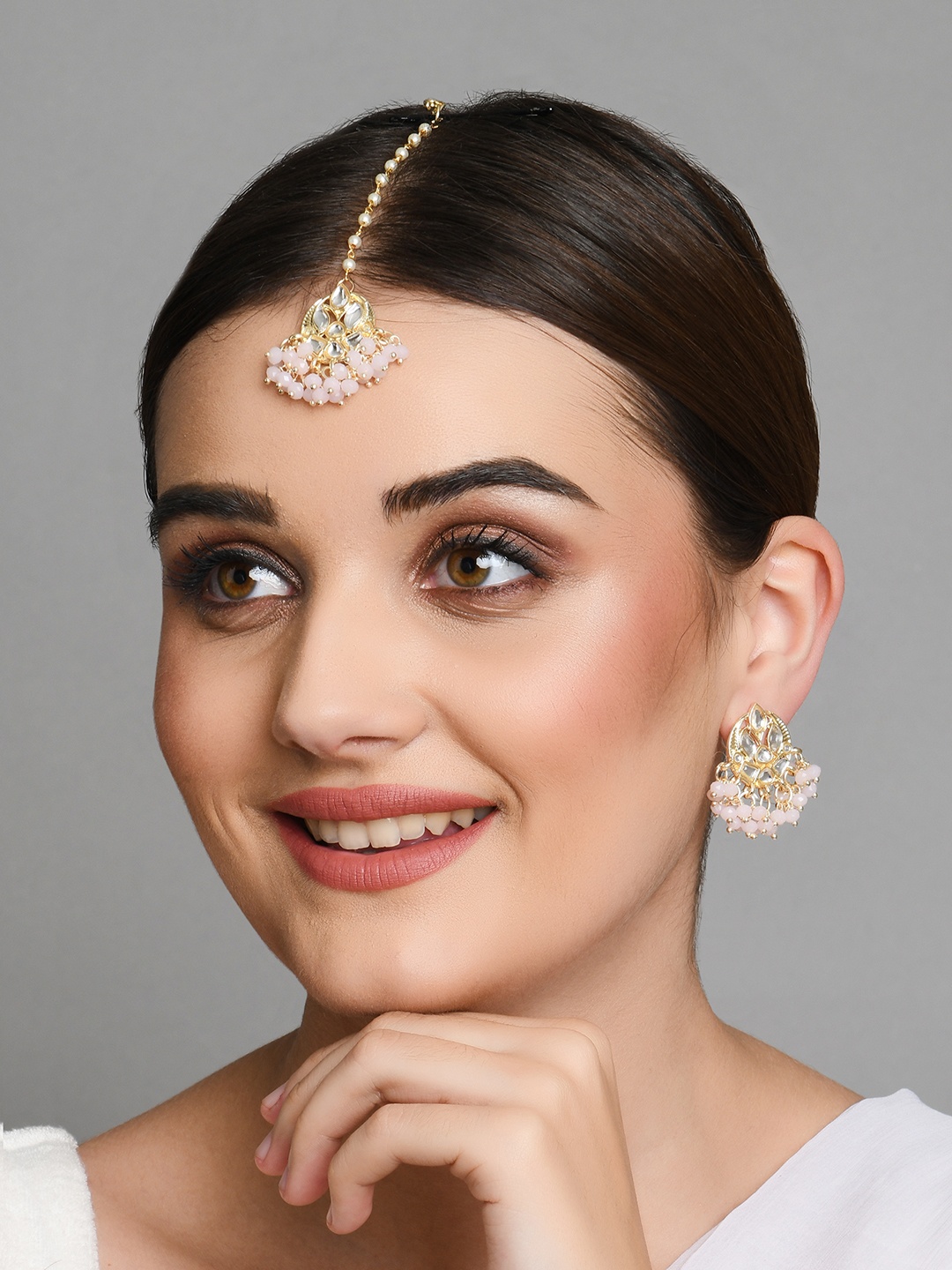 

Fida Gold-Plated Pink & White Kundan & Pearl-Studded Earrings & Maang Tikka Jewellery Set