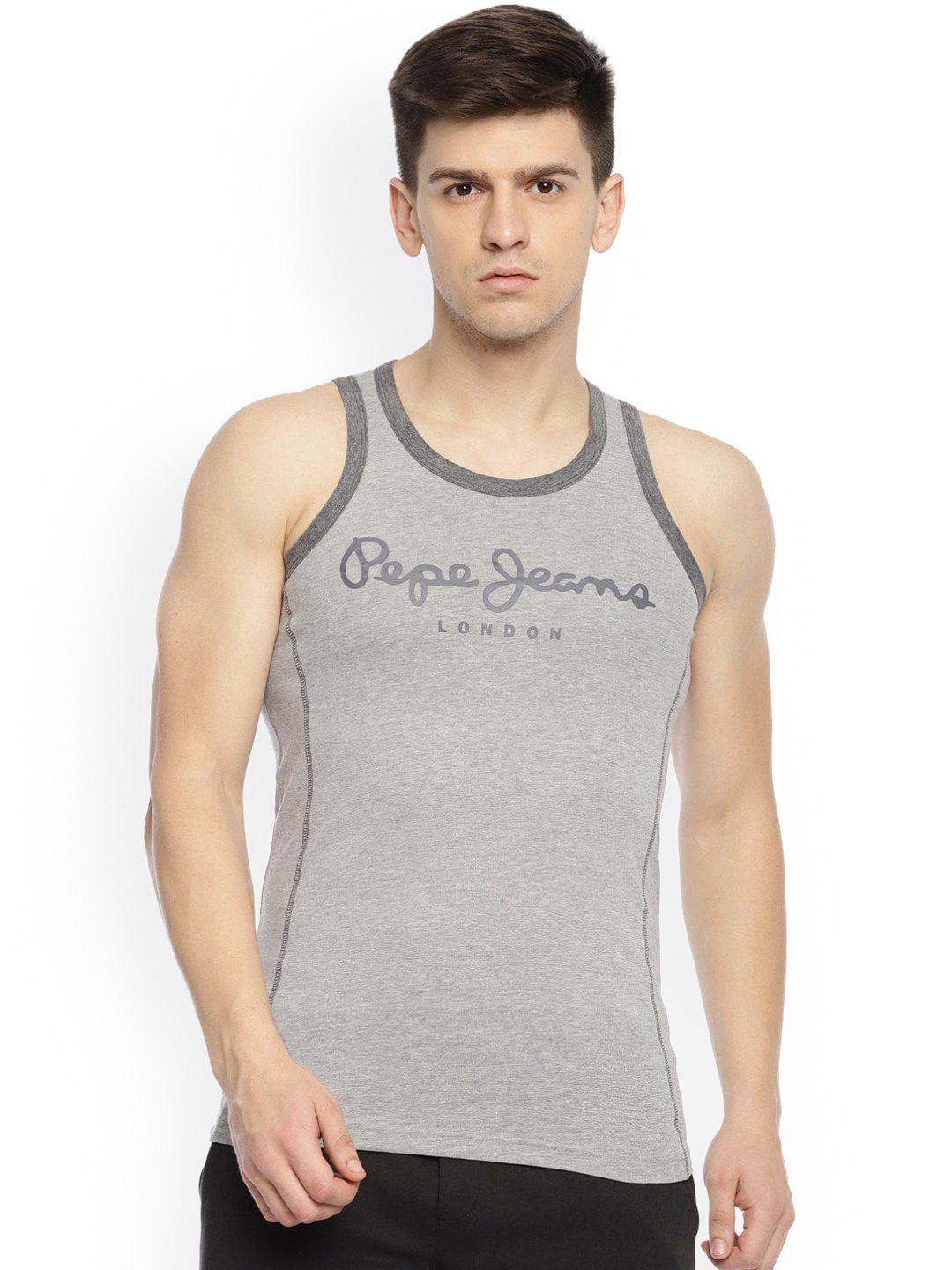 

Pepe Jeans Men Grey Melange Solid Pure Cotton Innerwear Vest