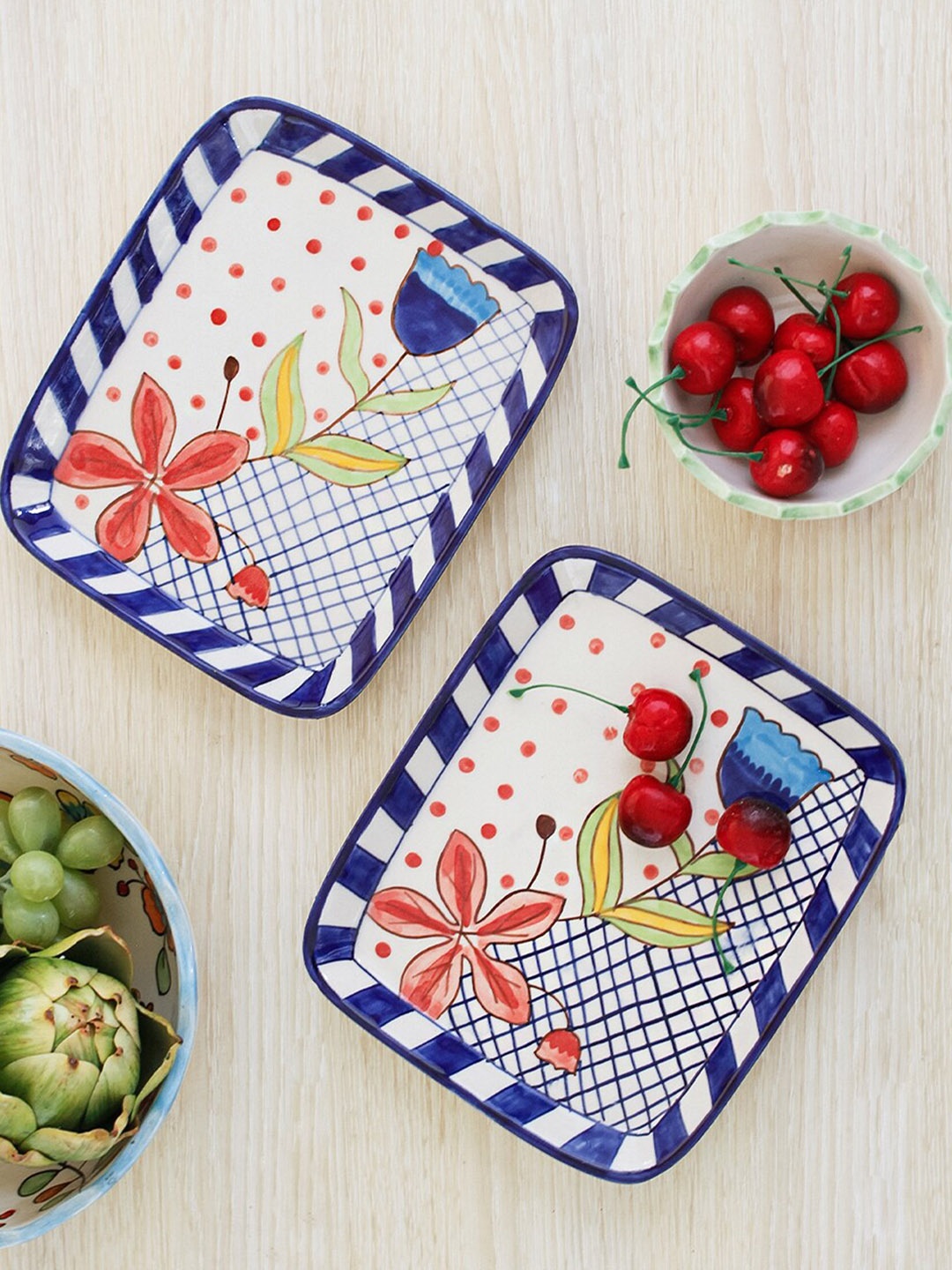 

The Wishing Chair Set Of 2 Blue White Handprinted Serving Trays