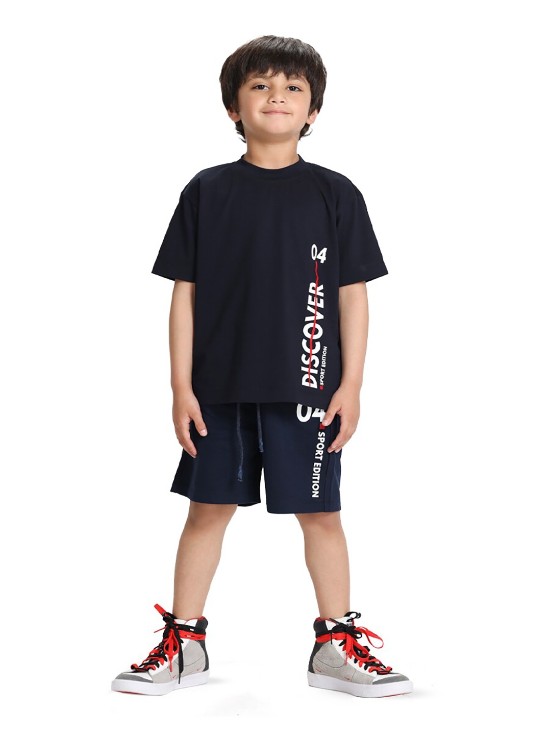 

SIDROCK Boys Navy Blue & White Printed T-shirt with Shorts