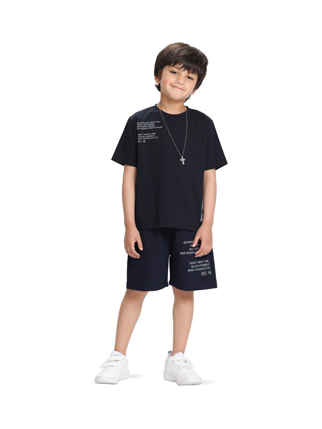 

SIDROCK Boys Navy Blue Printed T-shirt with Shorts