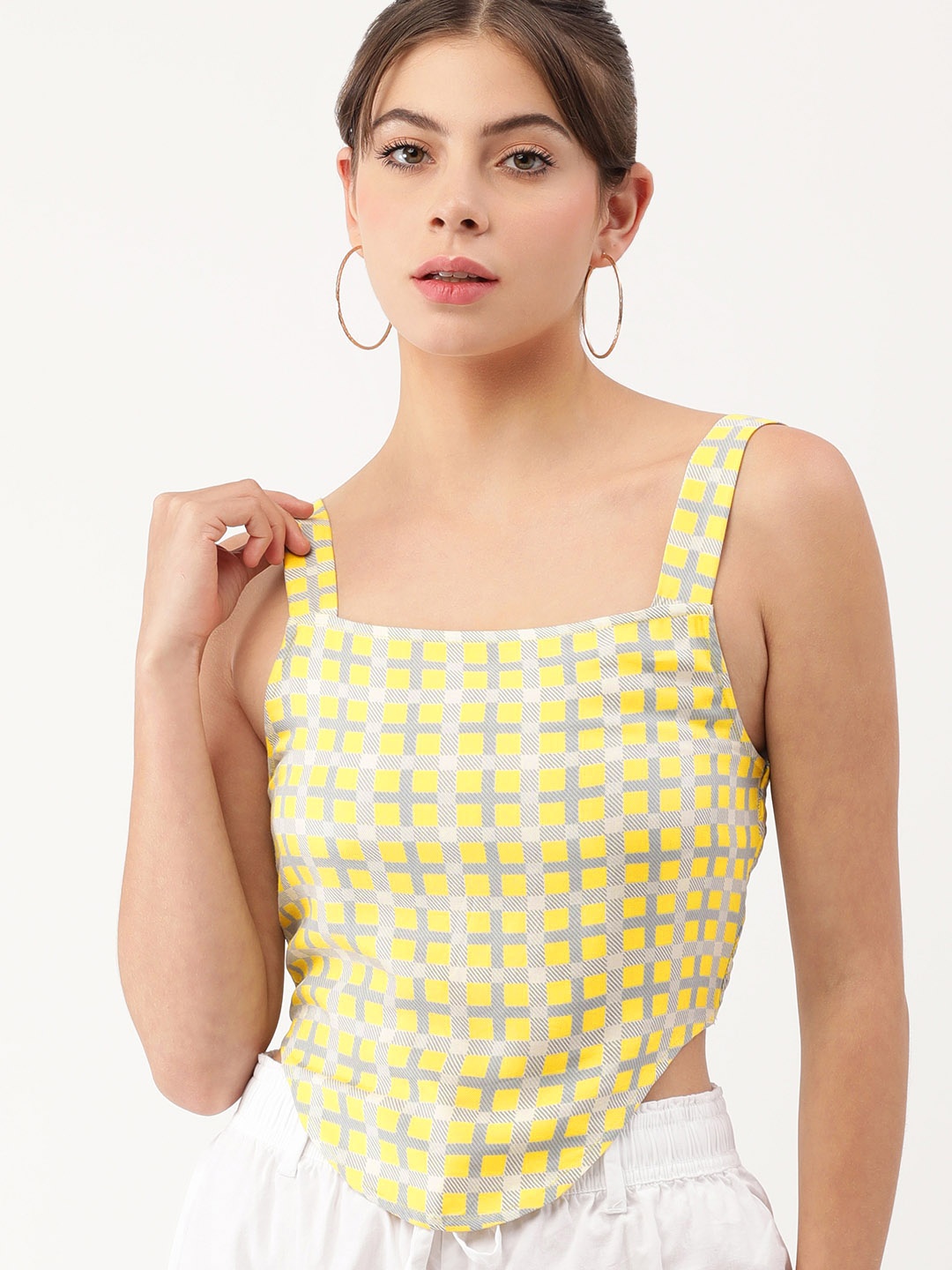 

FOREVER 21 Women Yellow & White Checked Crop Top
