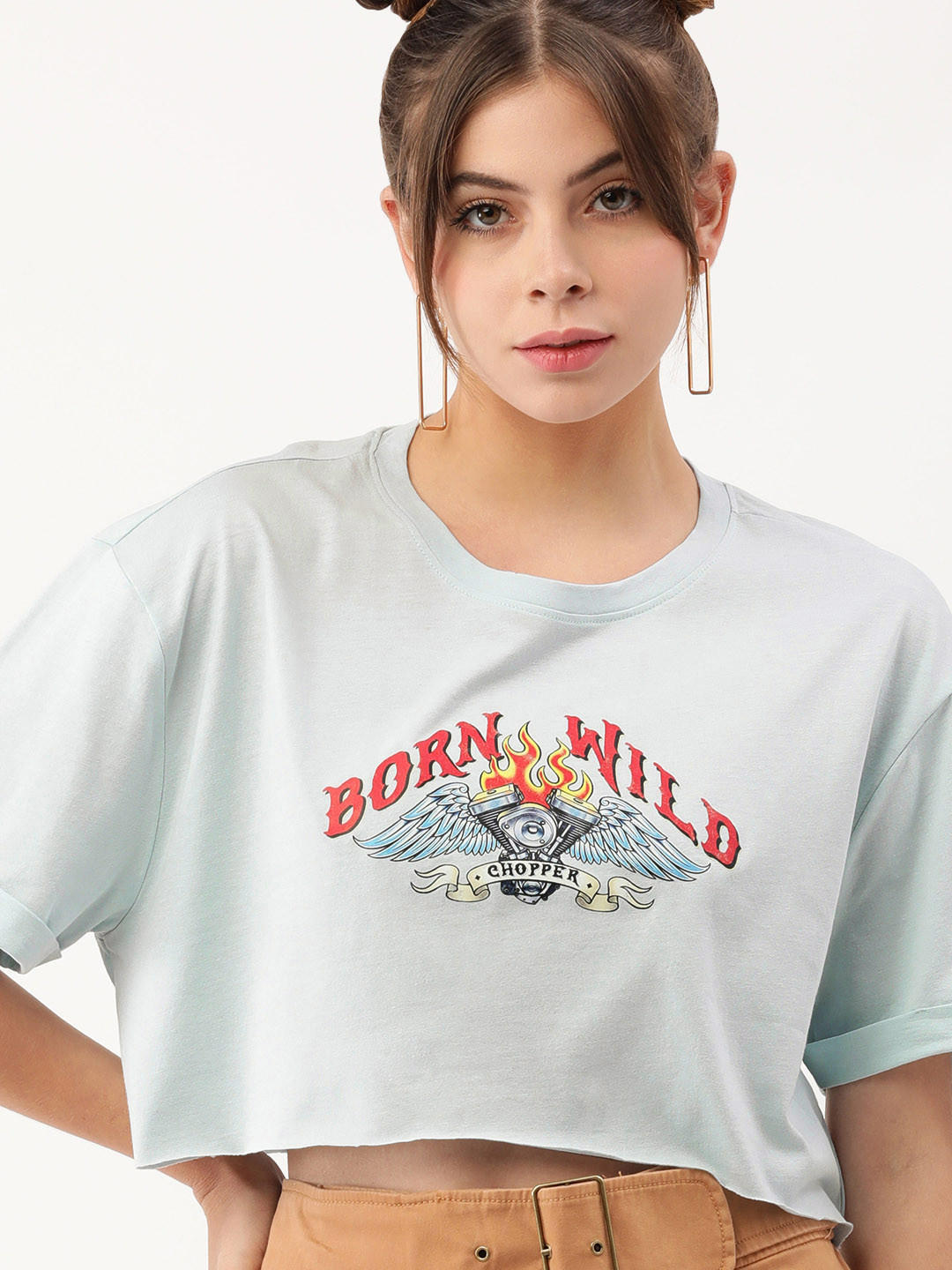 

FOREVER 21 Women Blue & Red Print Extended Sleeves Crop Top