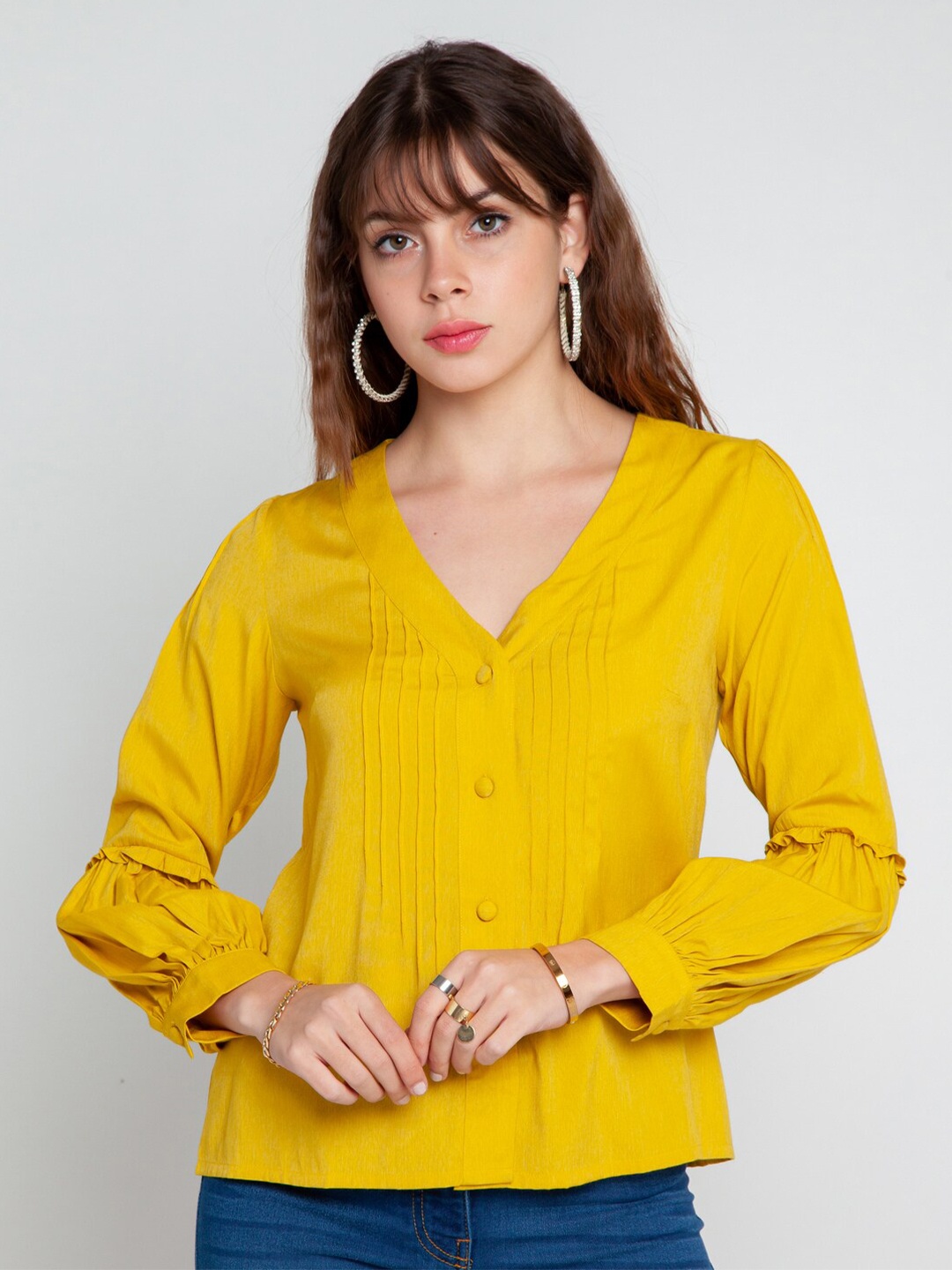 

Zink London Women Mustard Yellow Solid V-neck Regular Top