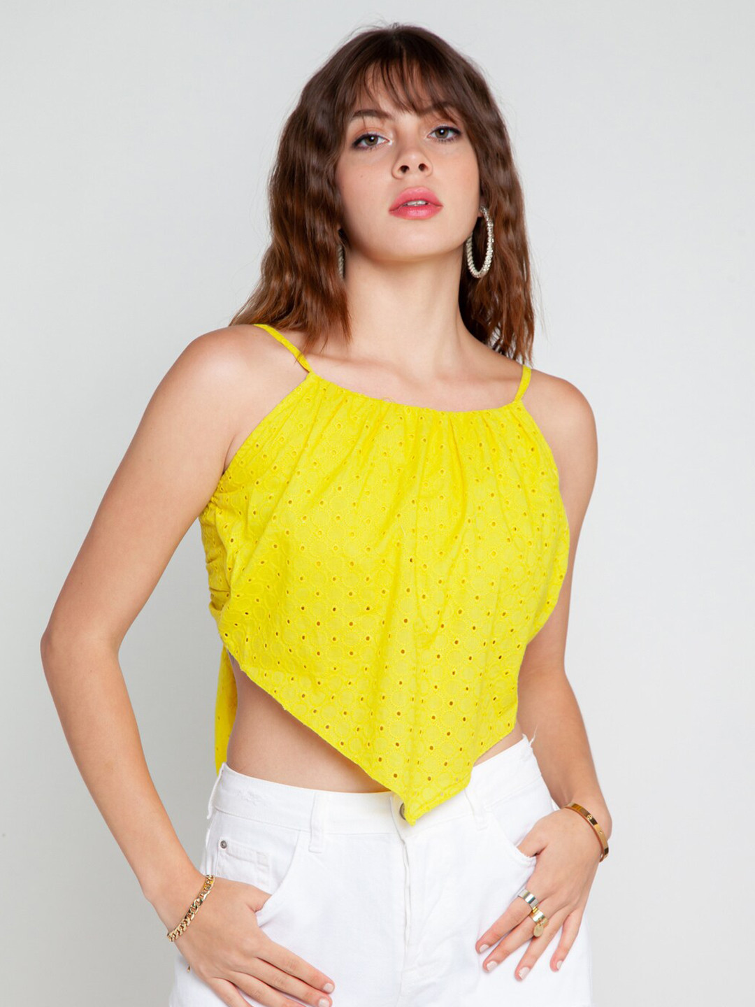 

Zink London Yellow Self Design Shoulder Straps Cotton Regular Crop Top