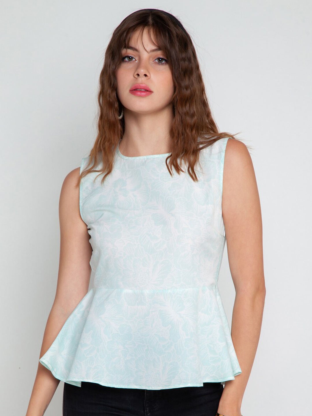 

Zink London Women Blue Floral Print Peplum Top