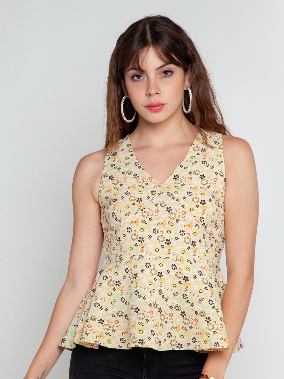 

Zink London Cream-Coloured Floral Print Peplum Top