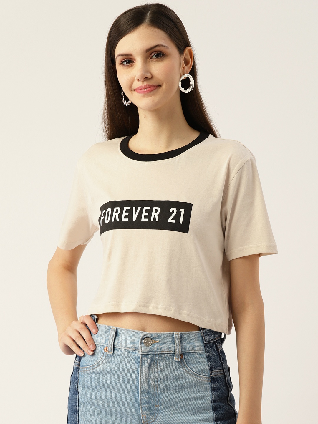 

FOREVER 21 Beige & Black Brand Logo Printed Cotton Crop T-shirt