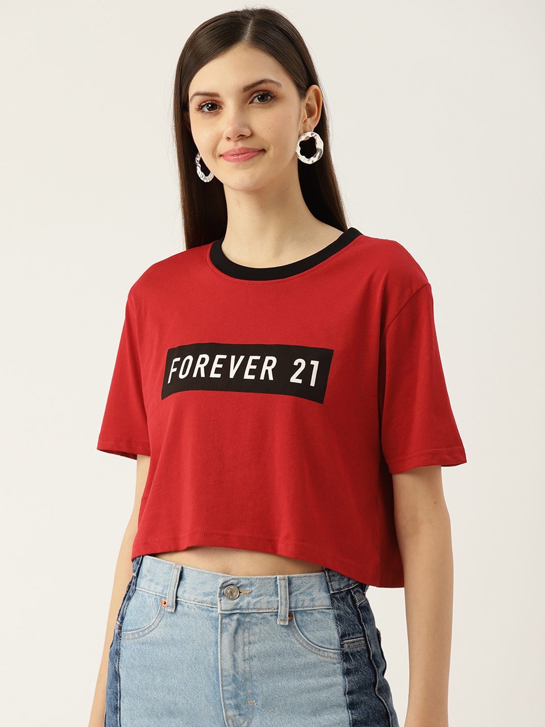 

FOREVER 21 Women Red & Black Brand Logo Print Cotton Crop T-shirt