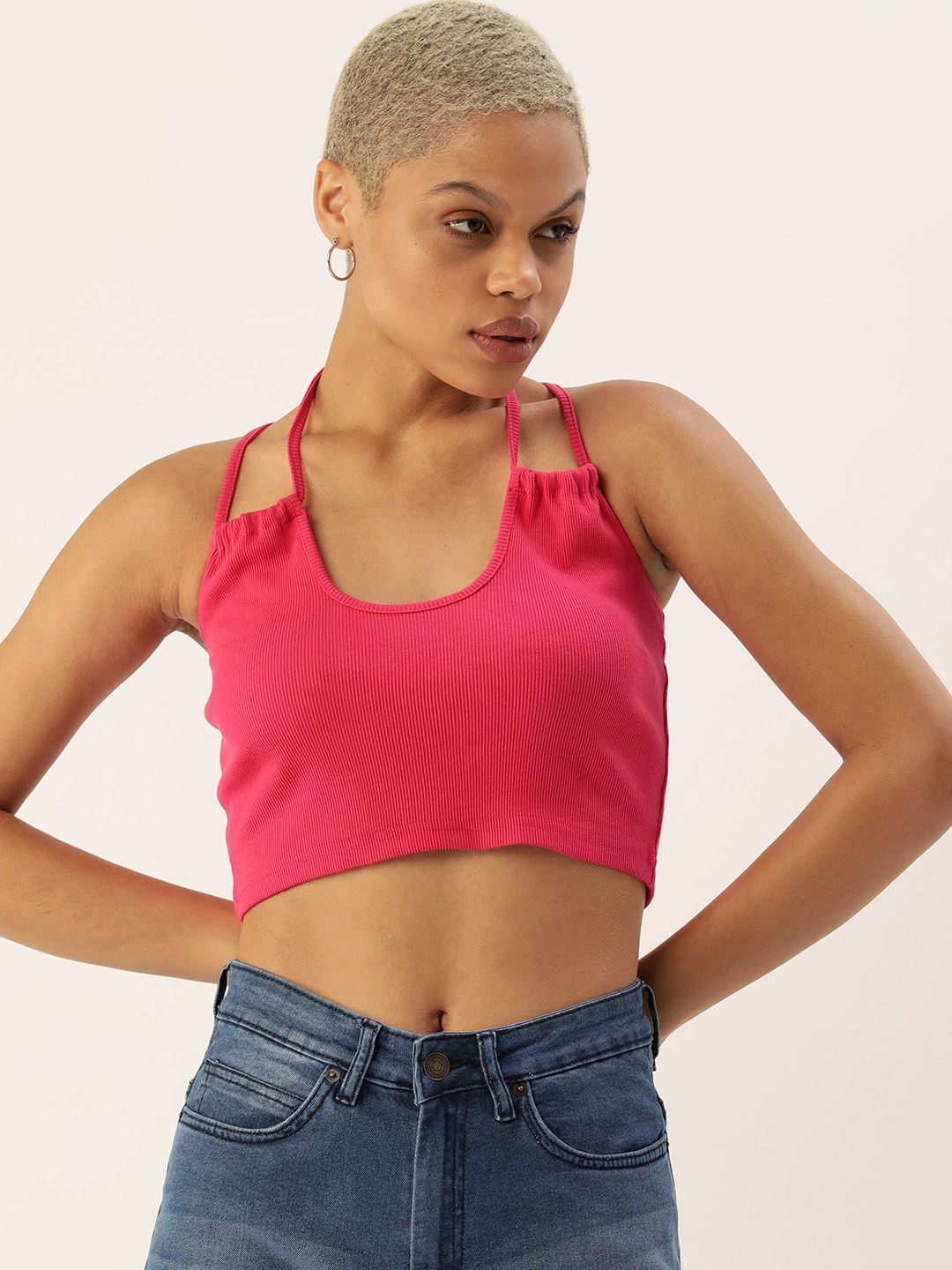 

FOREVER 21 Women Pink Halter Neck Styled Back Top