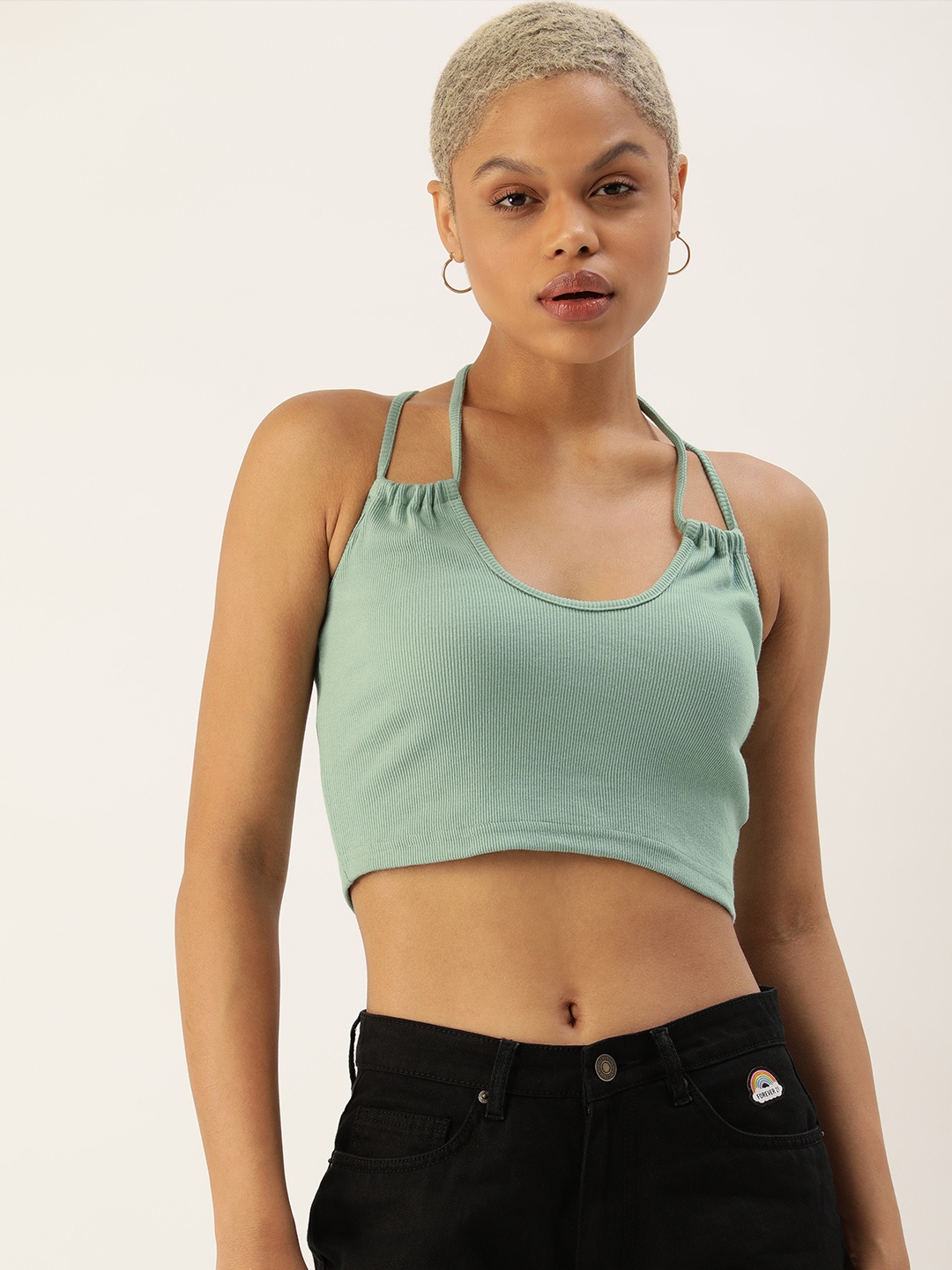 

FOREVER 21 Women Sea Green Halter Neck Styled Back Top