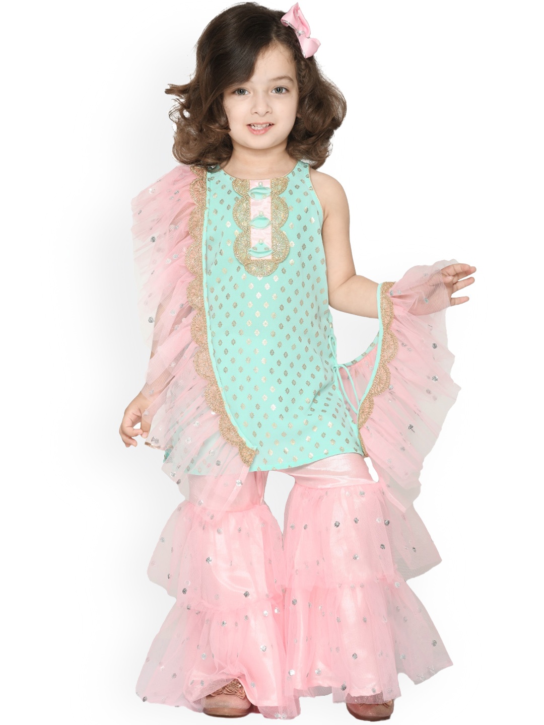

SAKA DESIGNS Girls Sea Green Ethnic Motifs Printed High Slit Kurti with Dhoti Pants