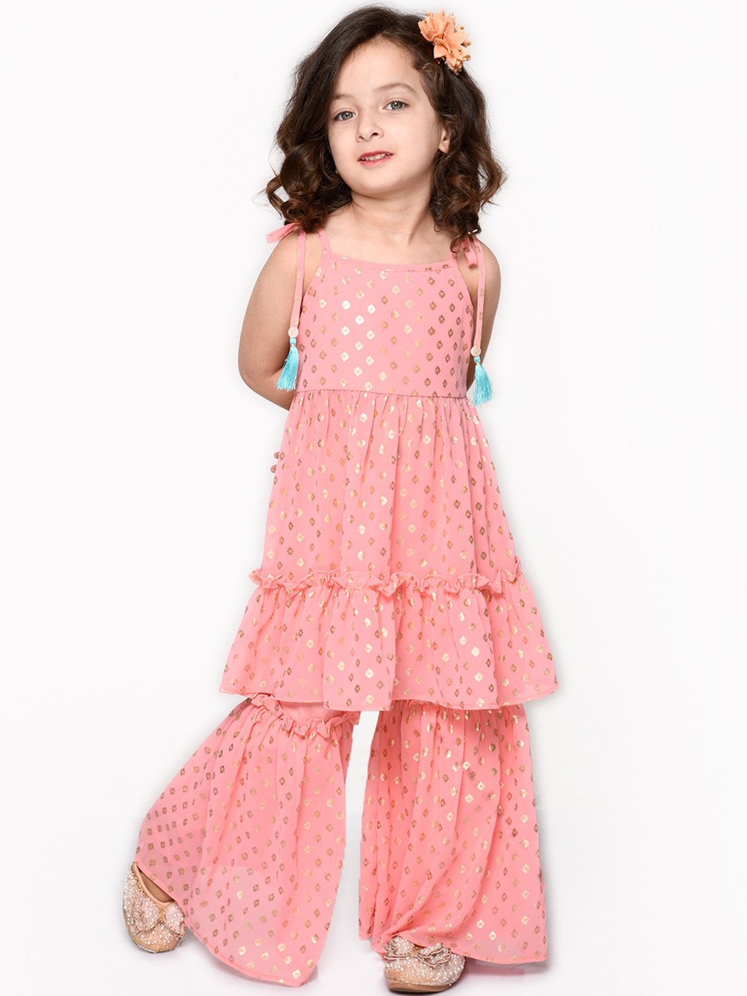 

SAKA DESIGNS Girls Pink Floral Printed Panelled Gotta Patti Kurti with Palazzos