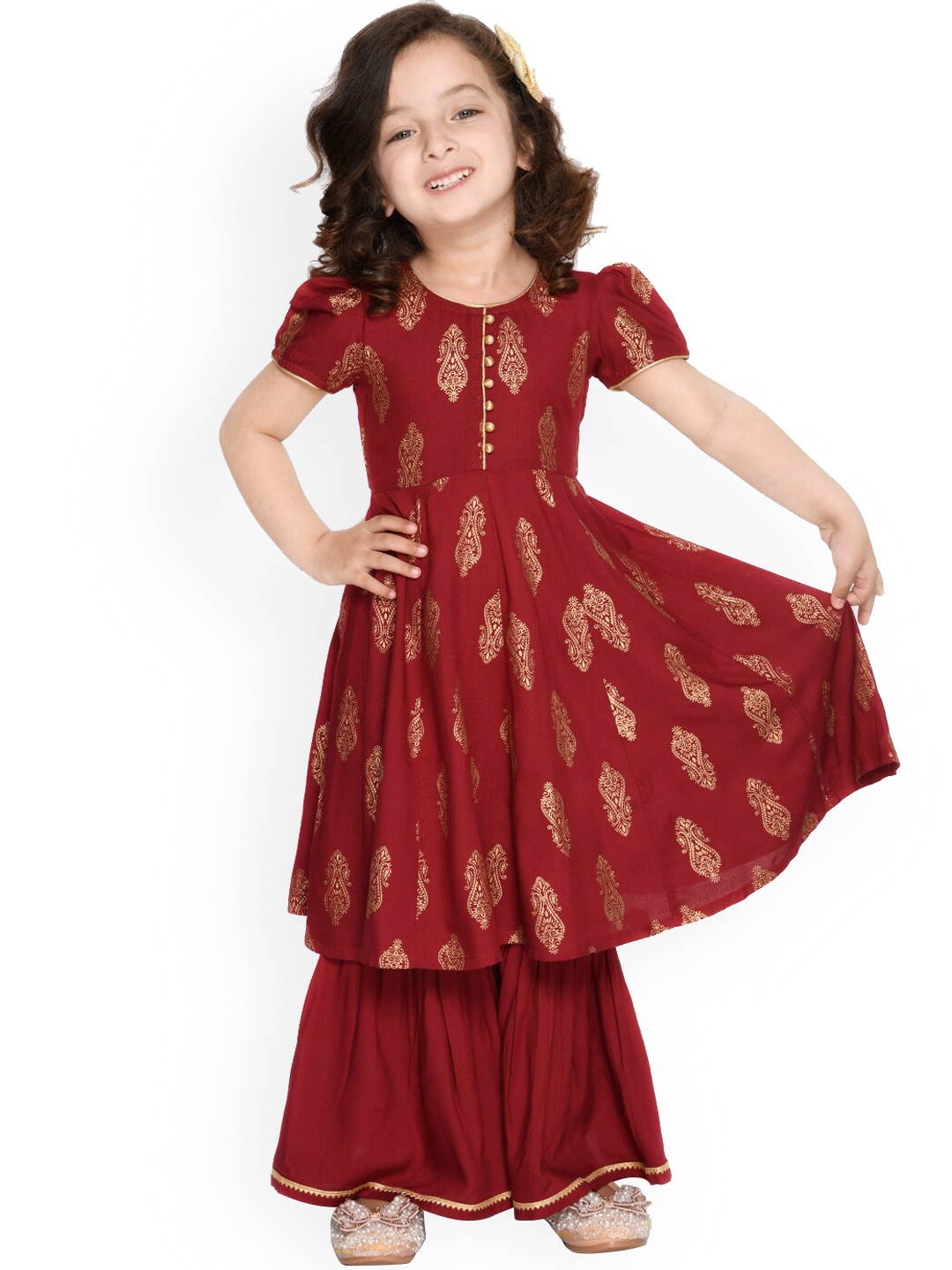 

SAKA DESIGNS Girls Maroon Ethnic Motifs Printed Pure Cotton Kurti with Sharara