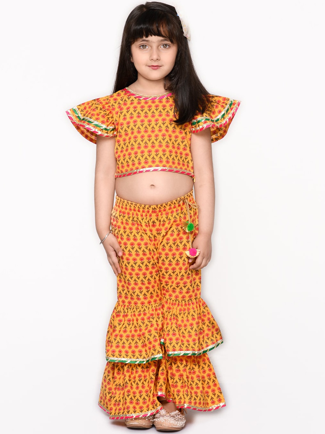 

SAKA DESIGNS Girls Mustard Yellow Ethnic Motifs Printed Angrakha Gotta Patti Pure Cotton Kurti with Sharara