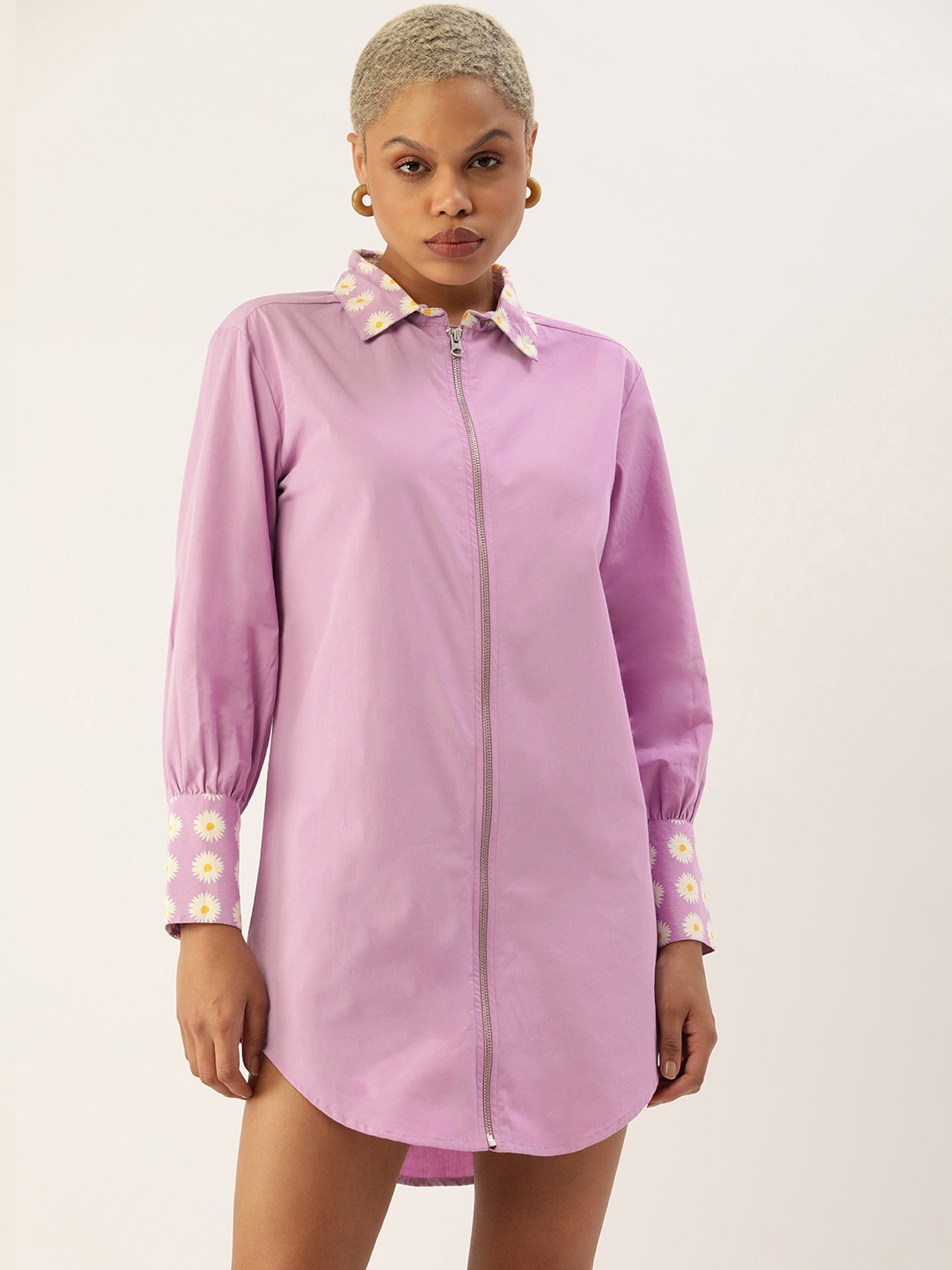 

FOREVER 21 Lavender Pure Cotton Shirt Style Mini Dress