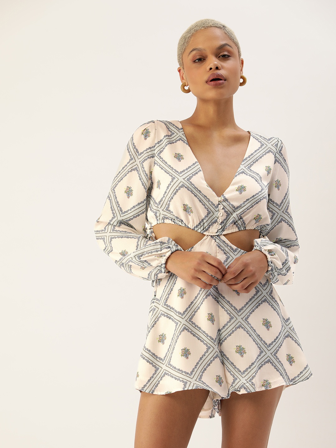 

FOREVER 21 White & Blue Printed Jumpsuit