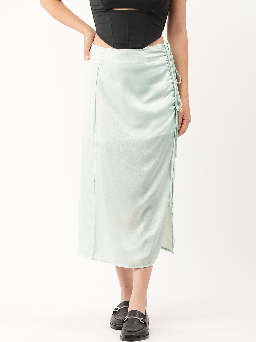 

FOREVER 21 Women Mint Green Solid Semi-Sheer Gathered Straight Skirt