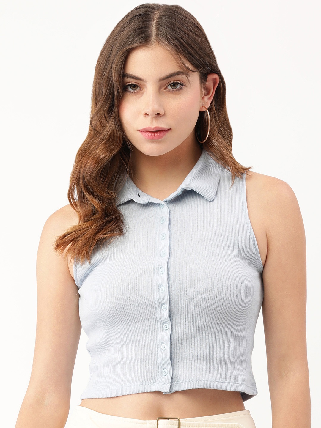 

FOREVER 21 Women Blue Striped Shirt Style Crop Top