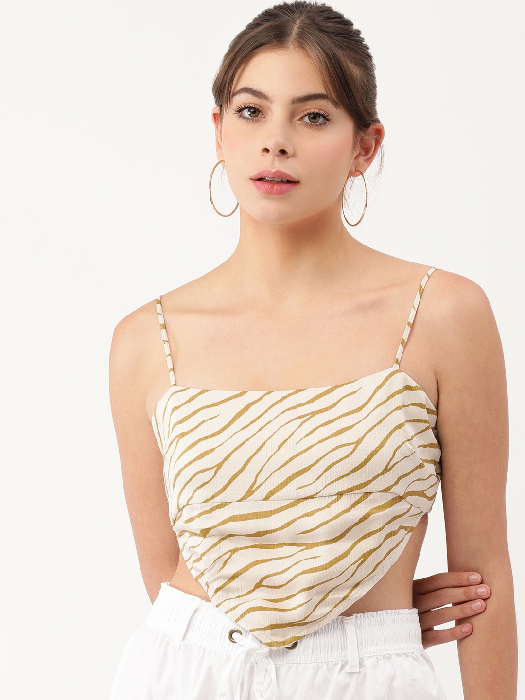 

FOREVER 21 Women Tan & White Striped Crop Top