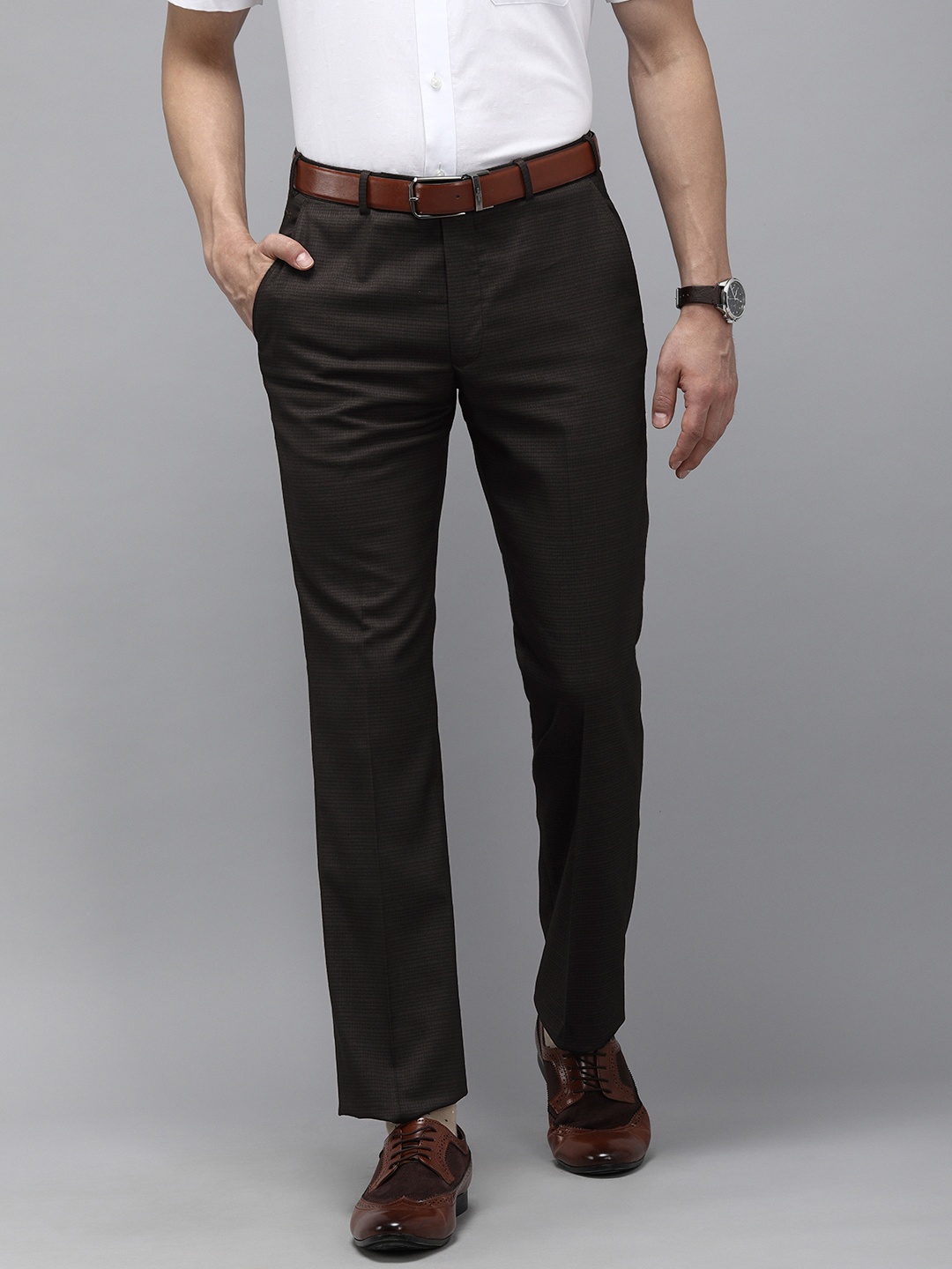 

Park Avenue Men Brown Textured Smart Low-Rise Formal Trousers