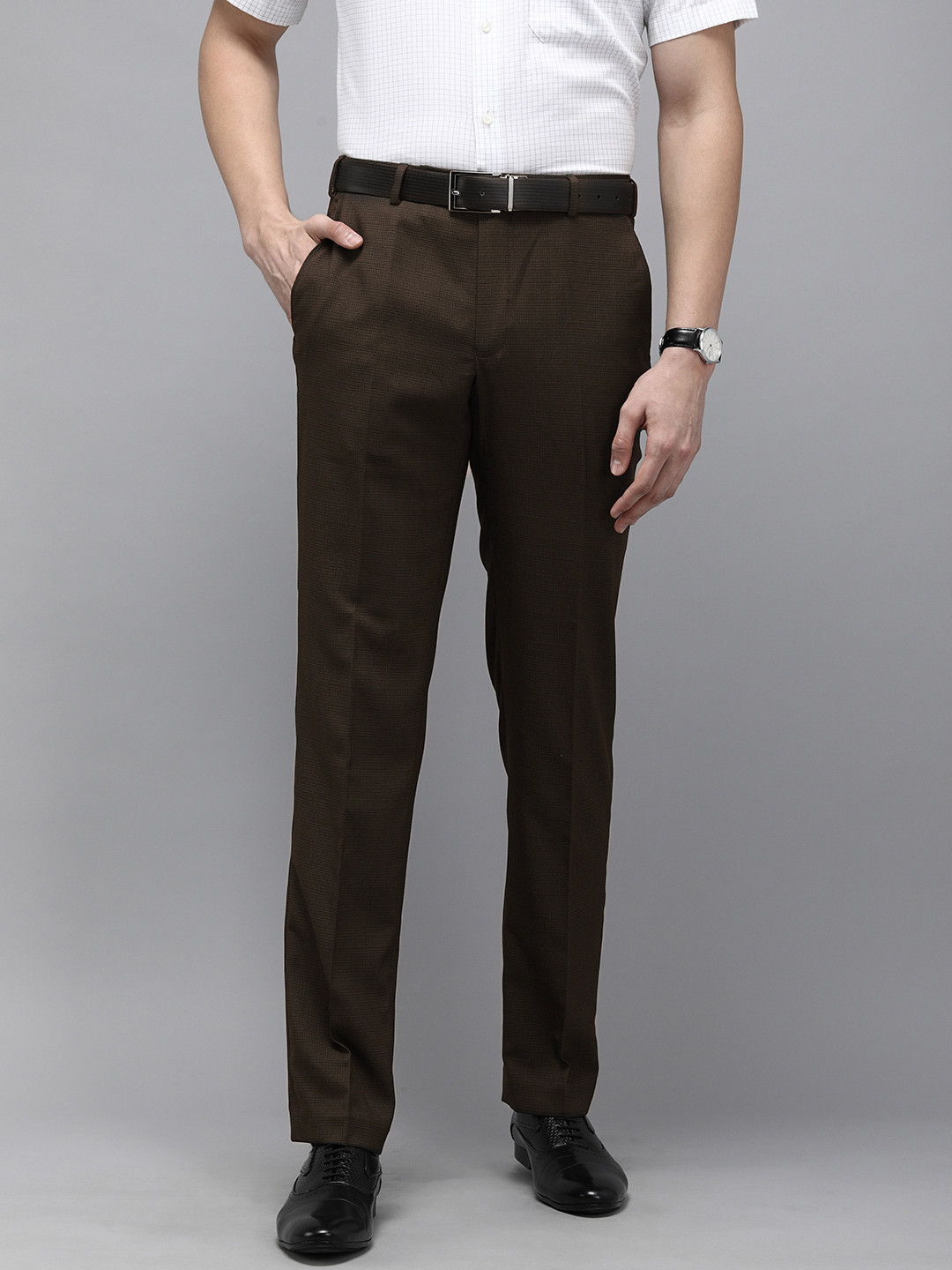 

Park Avenue Men Brown Textured Smart Fit Low-Rise Formal Trousers