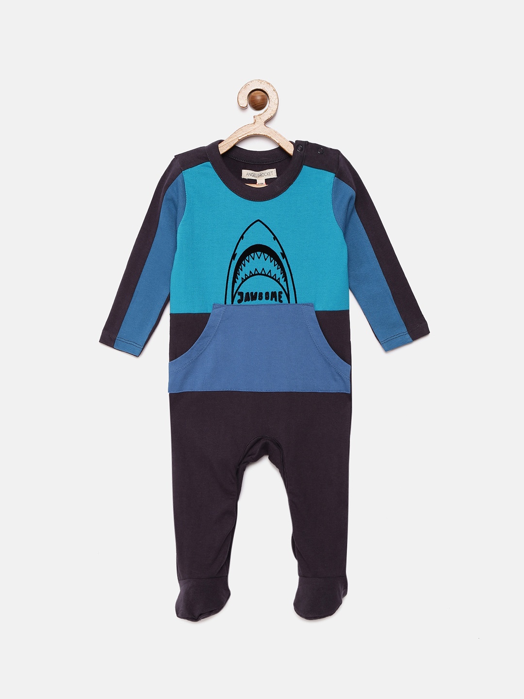 

Angel & Rocket Boys Blue & Black Printed Footie Rompers