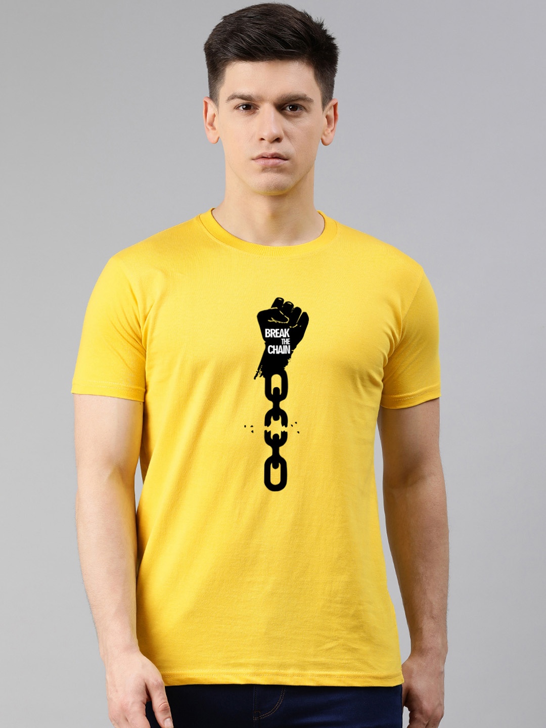 

UNSULLY Men Yellow Typography Printed Dri-FIT Raw Edge T-shirt