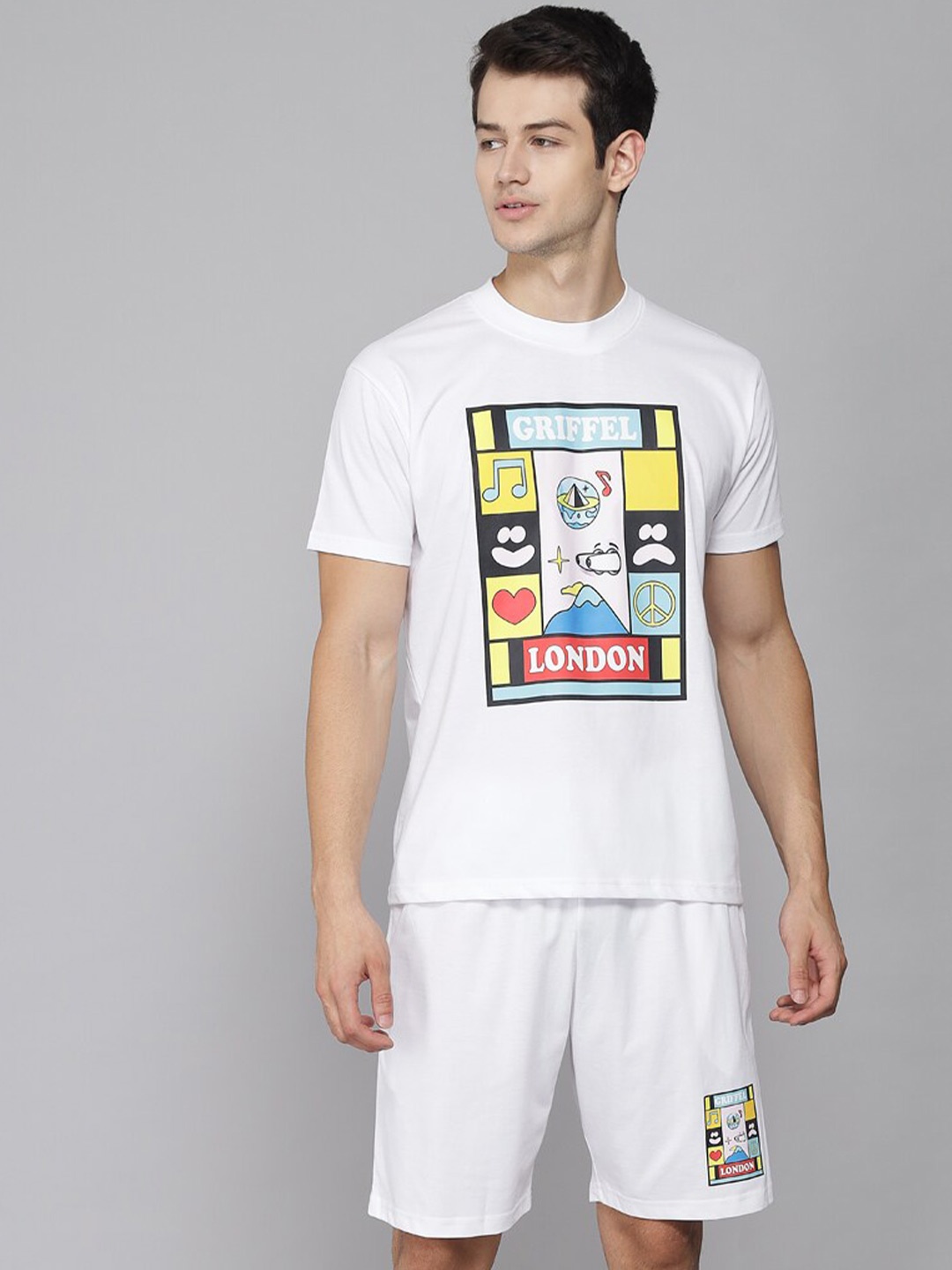 

GRIFFEL Men White Printed Pure Cotton T-shirt with Shorts