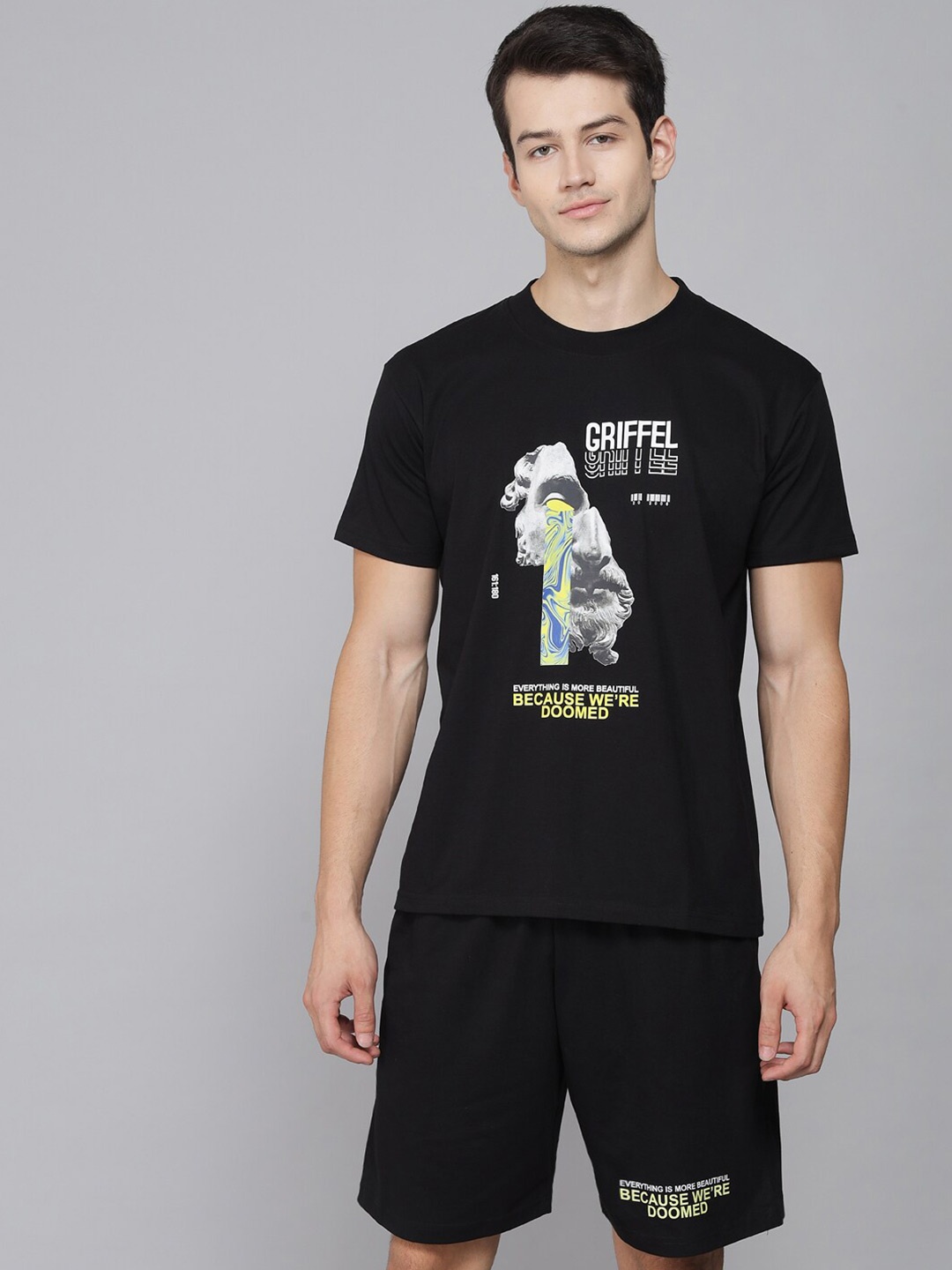 

GRIFFEL Men Black Printed T-shirt with Shorts