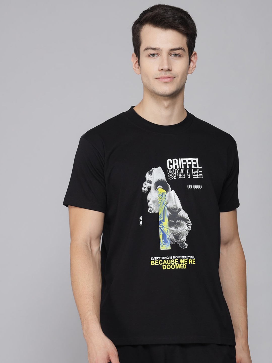 

GRIFFEL Men Black Printed Raw Edge T-shirt