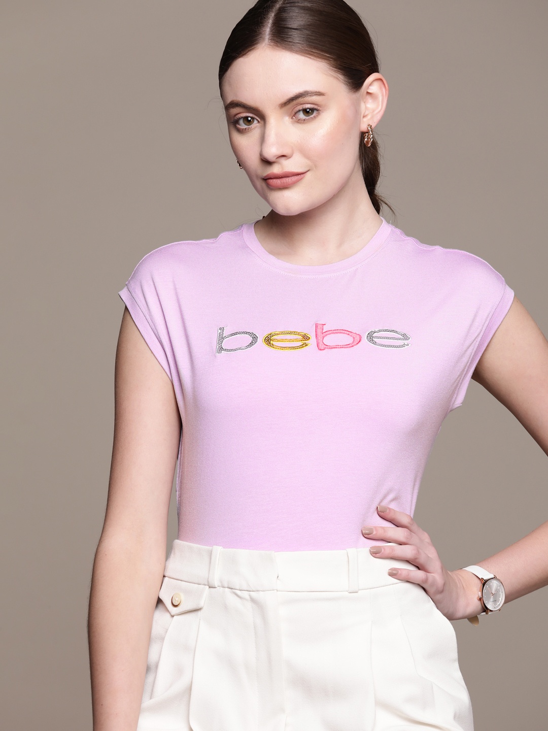 

bebe Women Lavender Frost Brighter Basics Typography T-shirt