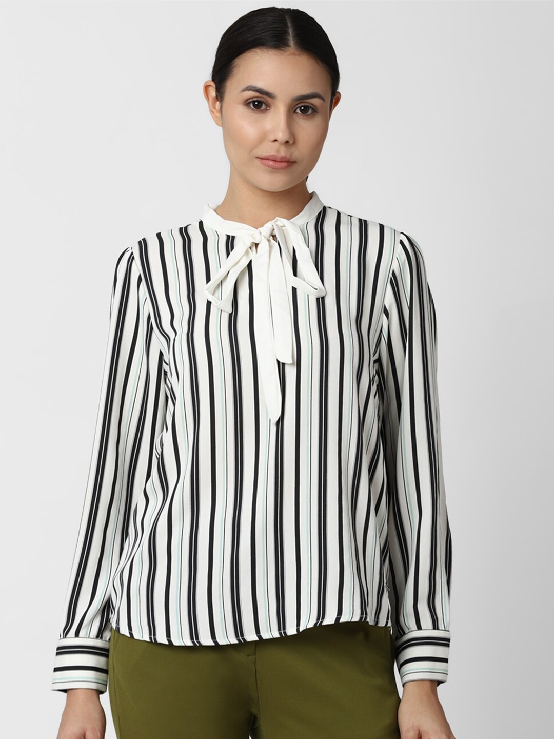 

Van Heusen Woman White Striped Tie-Up Neck Top