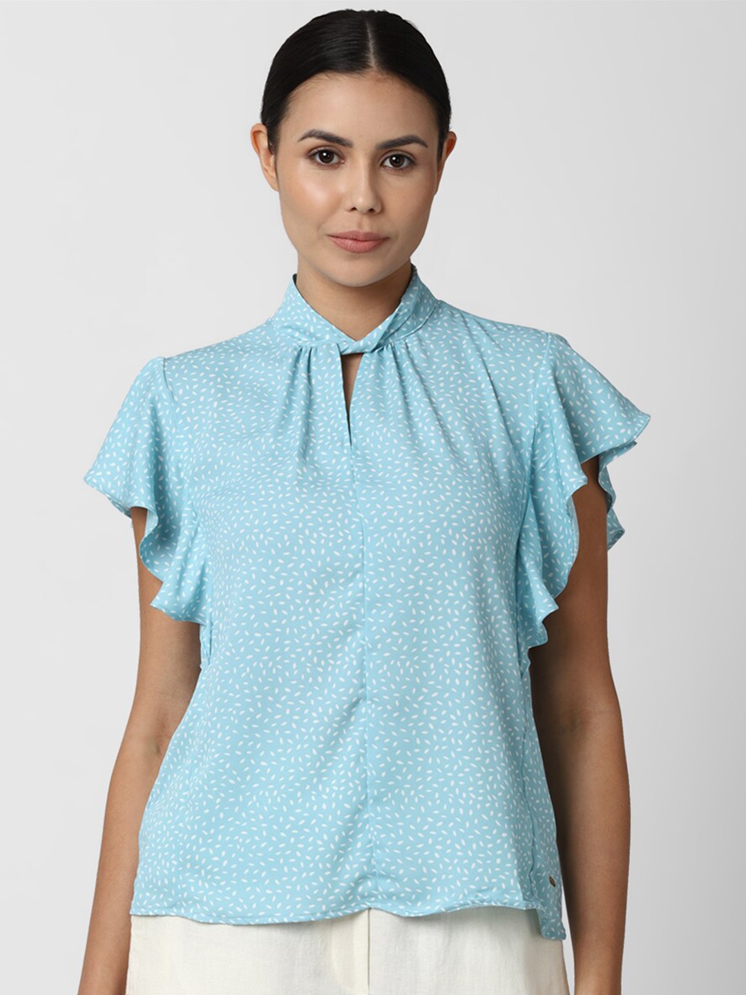 

Van Heusen Woman Blue Print Mandarin Collar Top