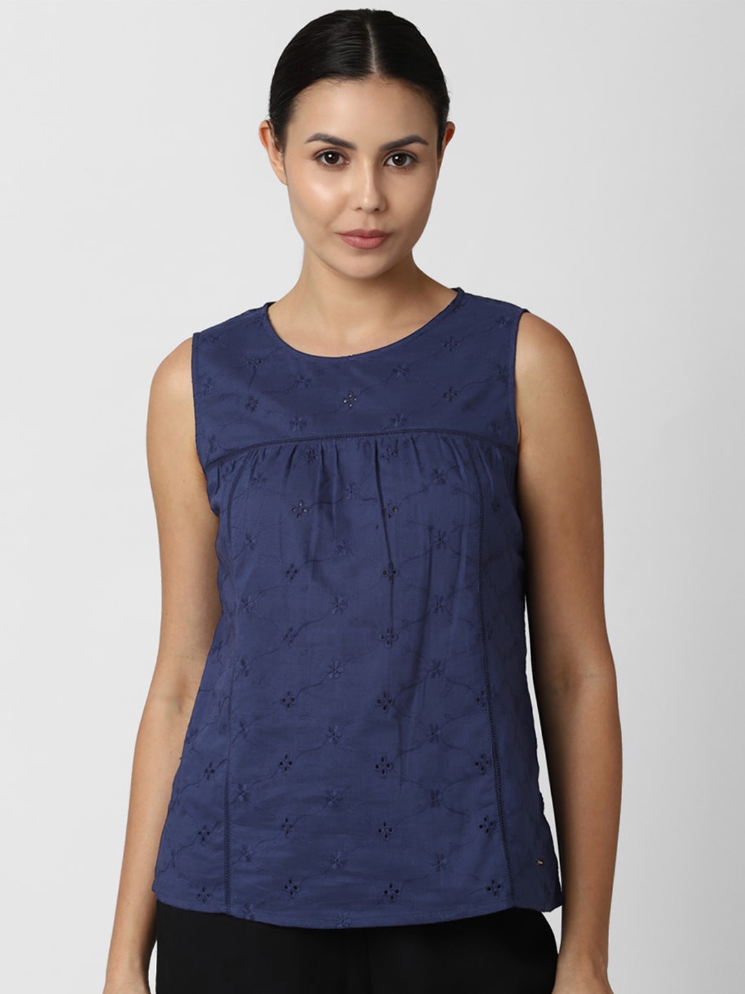 

Van Heusen Woman Navy Blue Self Design Cotton Round Neck Regular Top