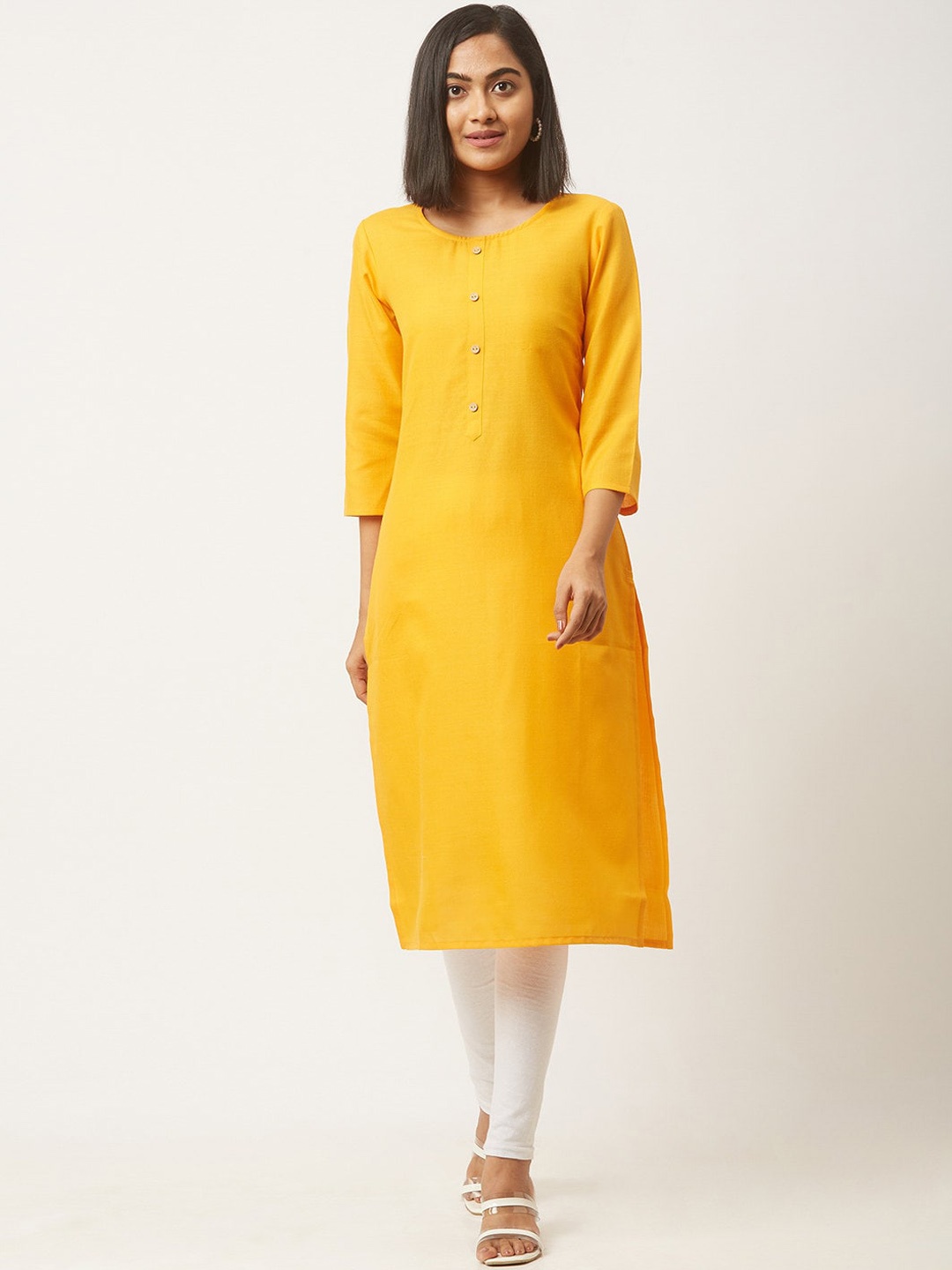 

ZOLA Women Solid Pure Cotton Straight Kurta, Yellow