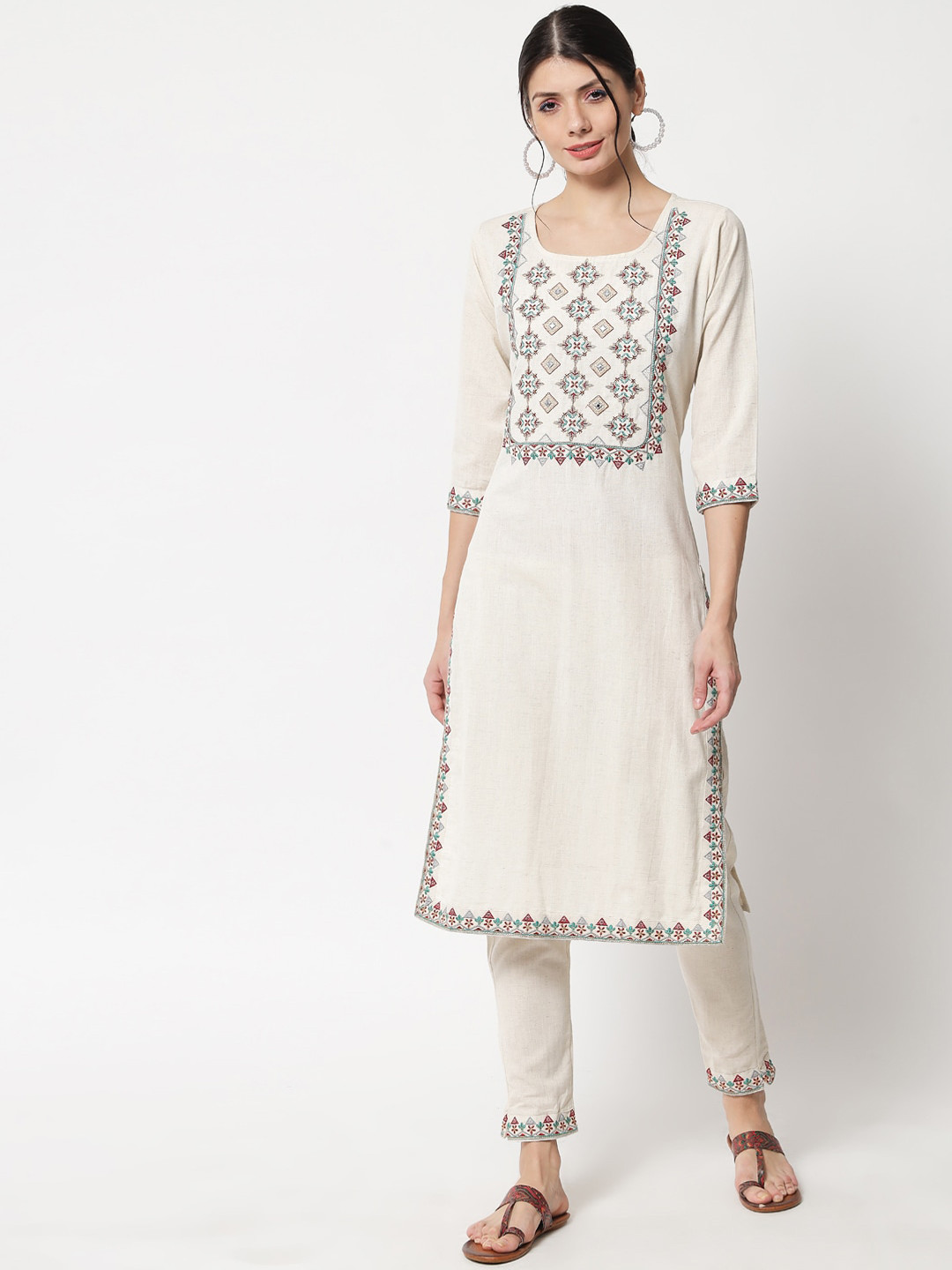 

Meeranshi Women Off White Embroidered Empire Thread Work Pure Cotton Kurti with Trousers & With Dupatta