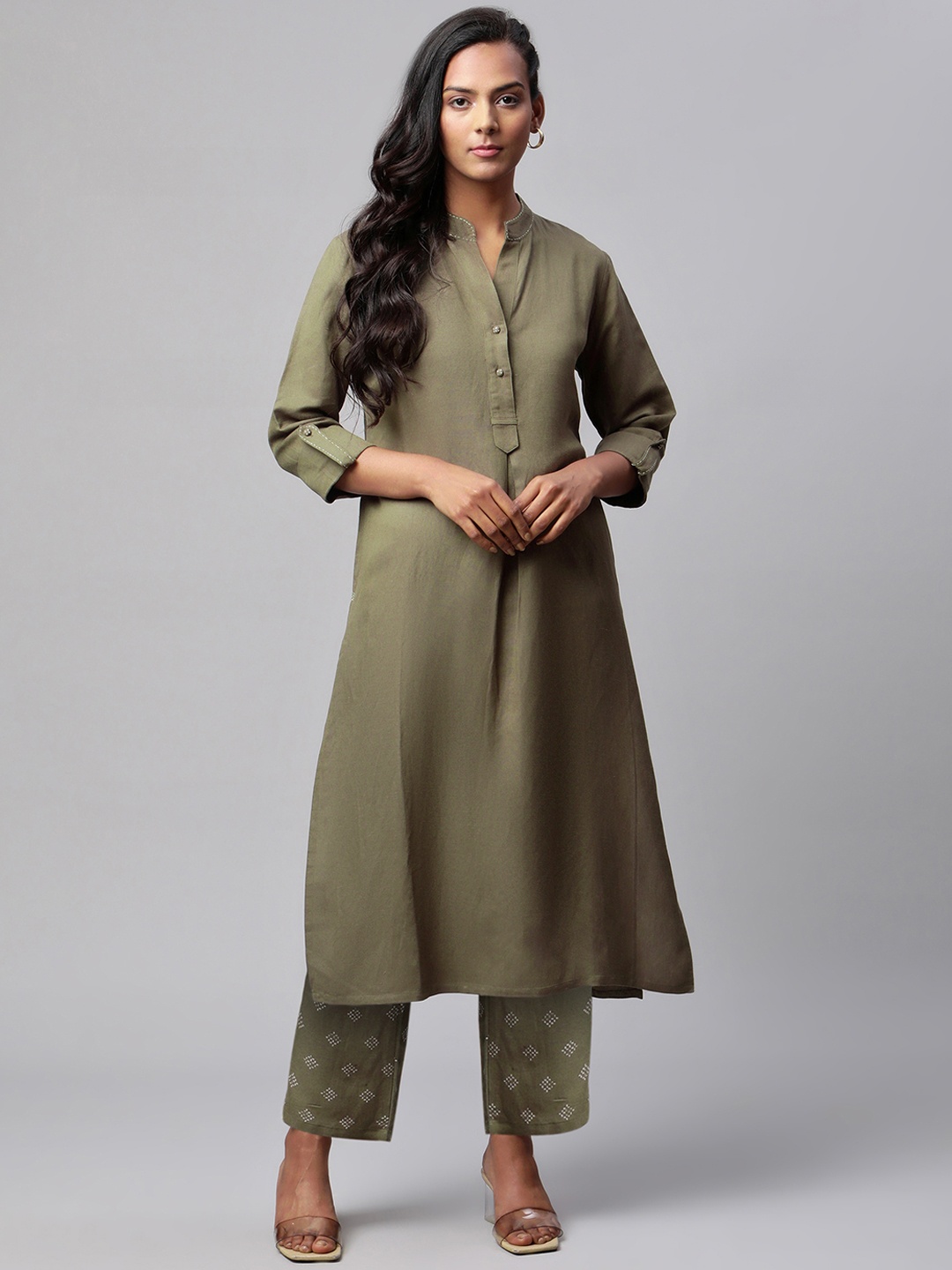 

Linen Club Woman Women Navy Blue Linen Sustainable Kurta with Palazzos