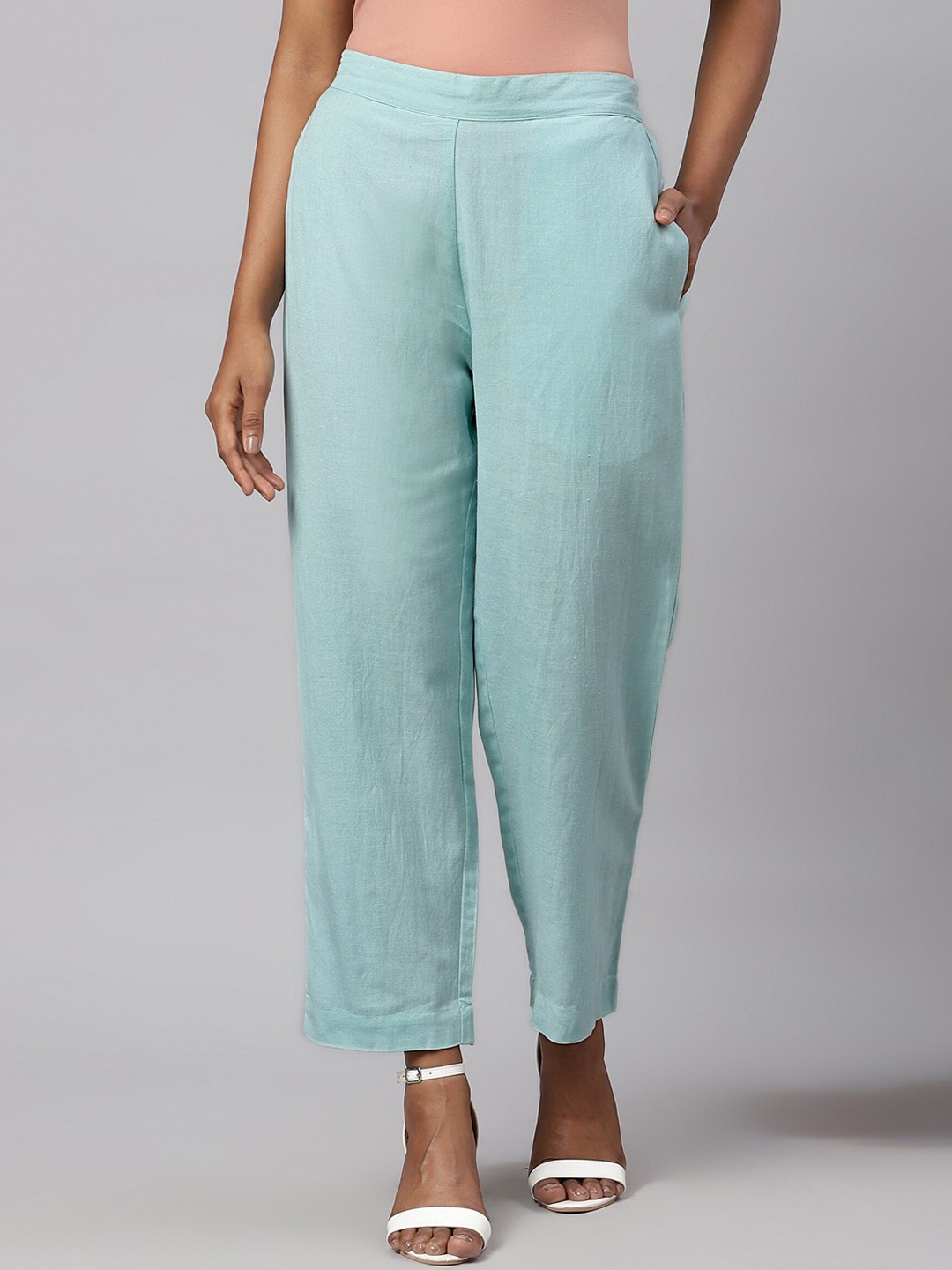 

Linen Club Woman Turquoise Blue Solid Straight Lounge Pants
