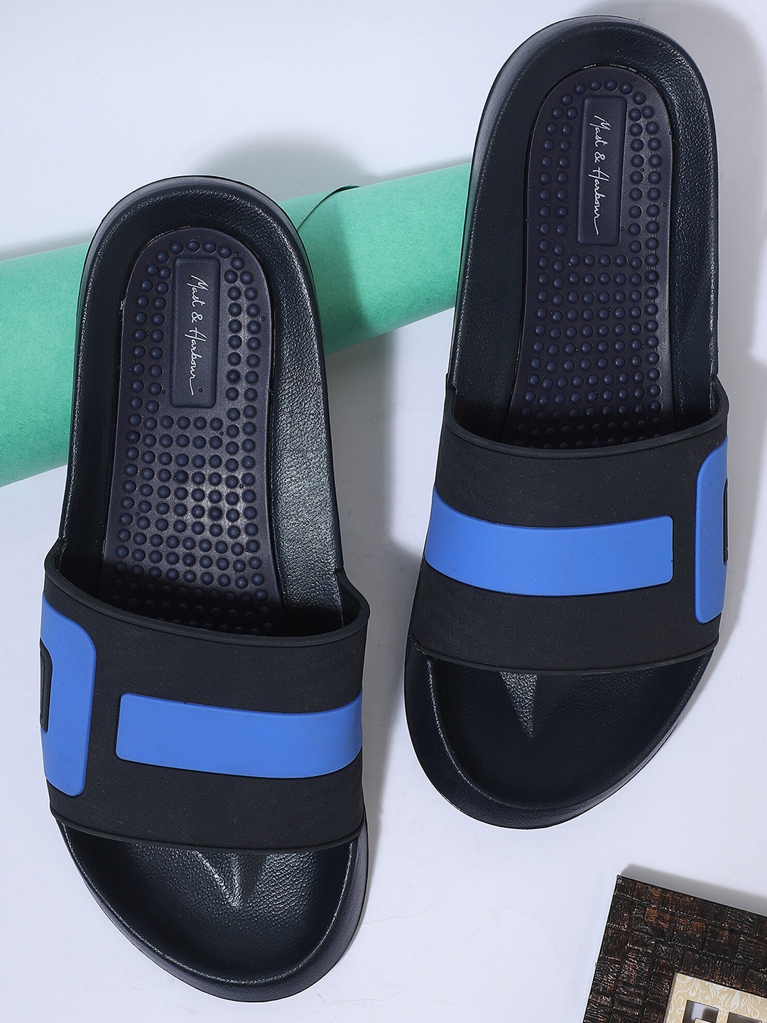 

Mast & Harbour Men Navy Blue & Black Colourblocked Sliders